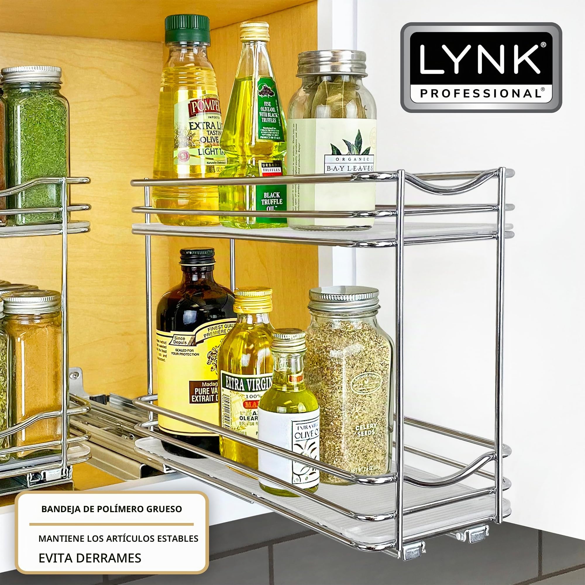 Lynk Professional® Organizador de especias extraíble para gabinete, estante deslizante de 4-1/4 pulgadas de ancho, doble, cromado