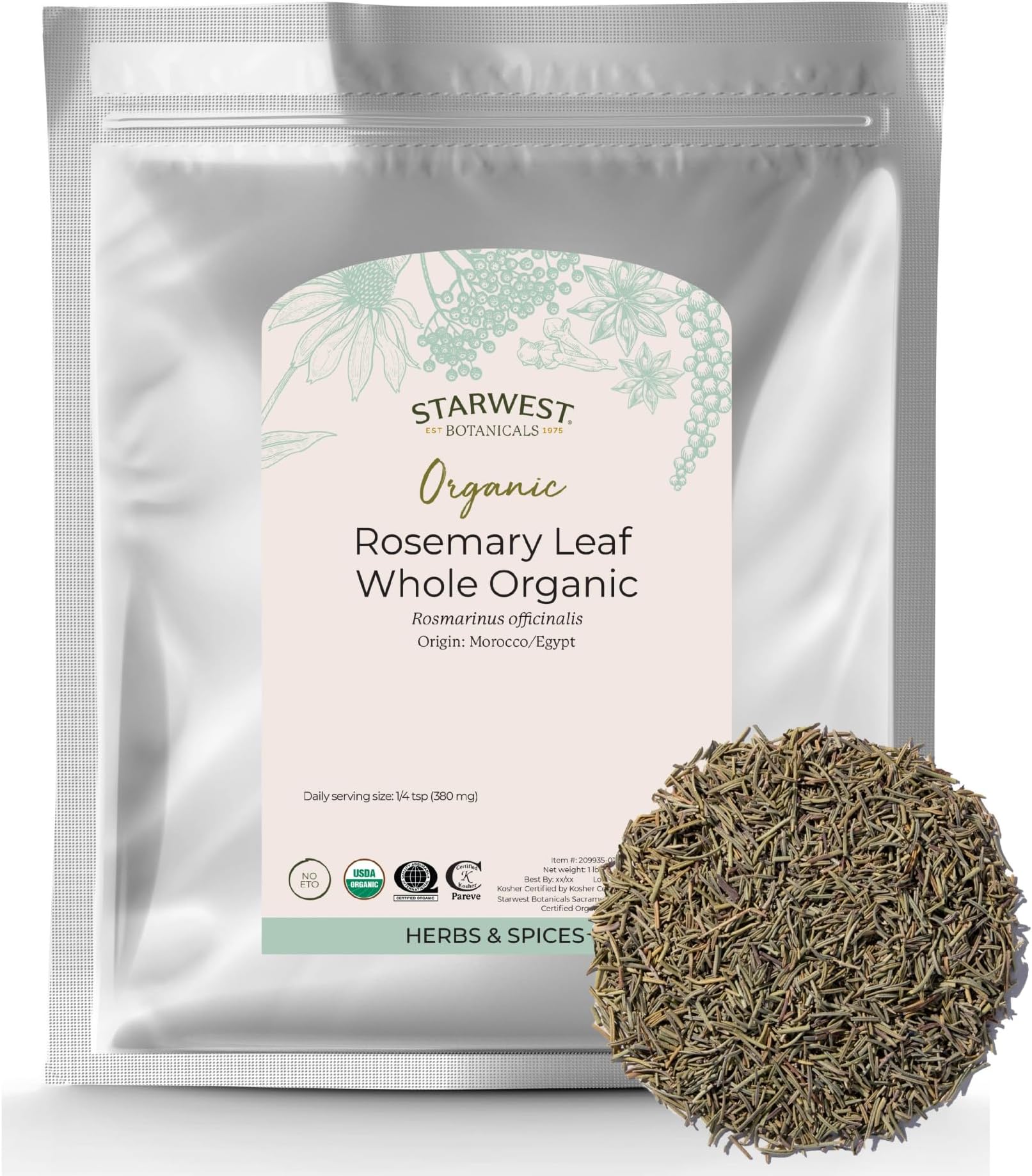 Starwest Botanicals Organic Rosemary Leaves Whole - Spice for Seasoning & Cooking, Dried Herb for Oil, Tea, & Baking, Vegan, Certified Kosher, Non-GMO - Bulk 1 lb Bag