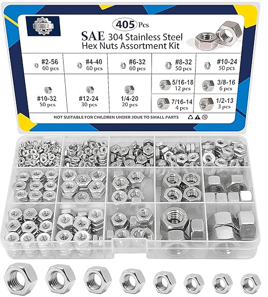 ZQZ 405 Pcs SAE Hex Nuts Assortment Kit #2-56#4-40#6-32#8-32#10-24#10-32#12-24 1/4"-20 5/16"-18 3/8"-16 7/16"-14 1/2"-13 Stainless Hex Nuts Set