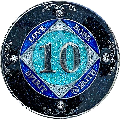 Miniatura 8 de NA 14 años de cristal y medallón de purpurina, moneda chapada en color plateado, arco iris negro, purpurina azul y cuatro cristales transparentes,