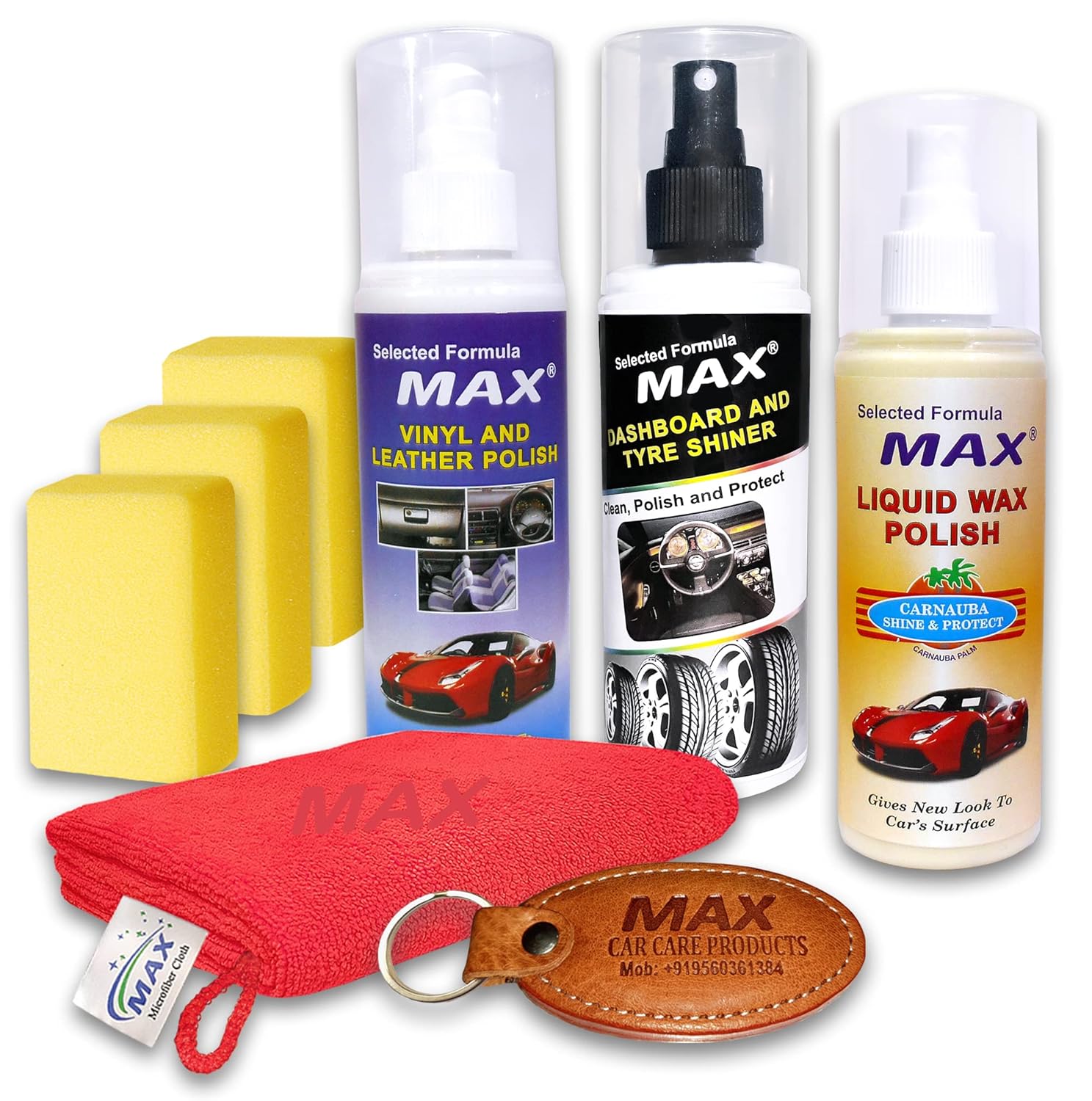 MAX Ultimate Car Polish Kit (Pack of 6 Pieces) – Contains 200 ML Each of Dashboard – Tyre Shiner, Liquid Wax Polish and Vinyl – Leather Polish and 3 Pieces Foam Applicators for Cleaning, Polishing, Waxing and Conditioning Your Cars MAX Ultimate Car Polish Kit (Pack of 6 Pieces) – Contains 200 ML Each of Dashboard – Tyre Shiner, Liquid Wax Polish and Vinyl – Leather Polish and 3 Pieces Foam Applicators for Cleaning, Polishing, Waxing and Conditioning Your Cars