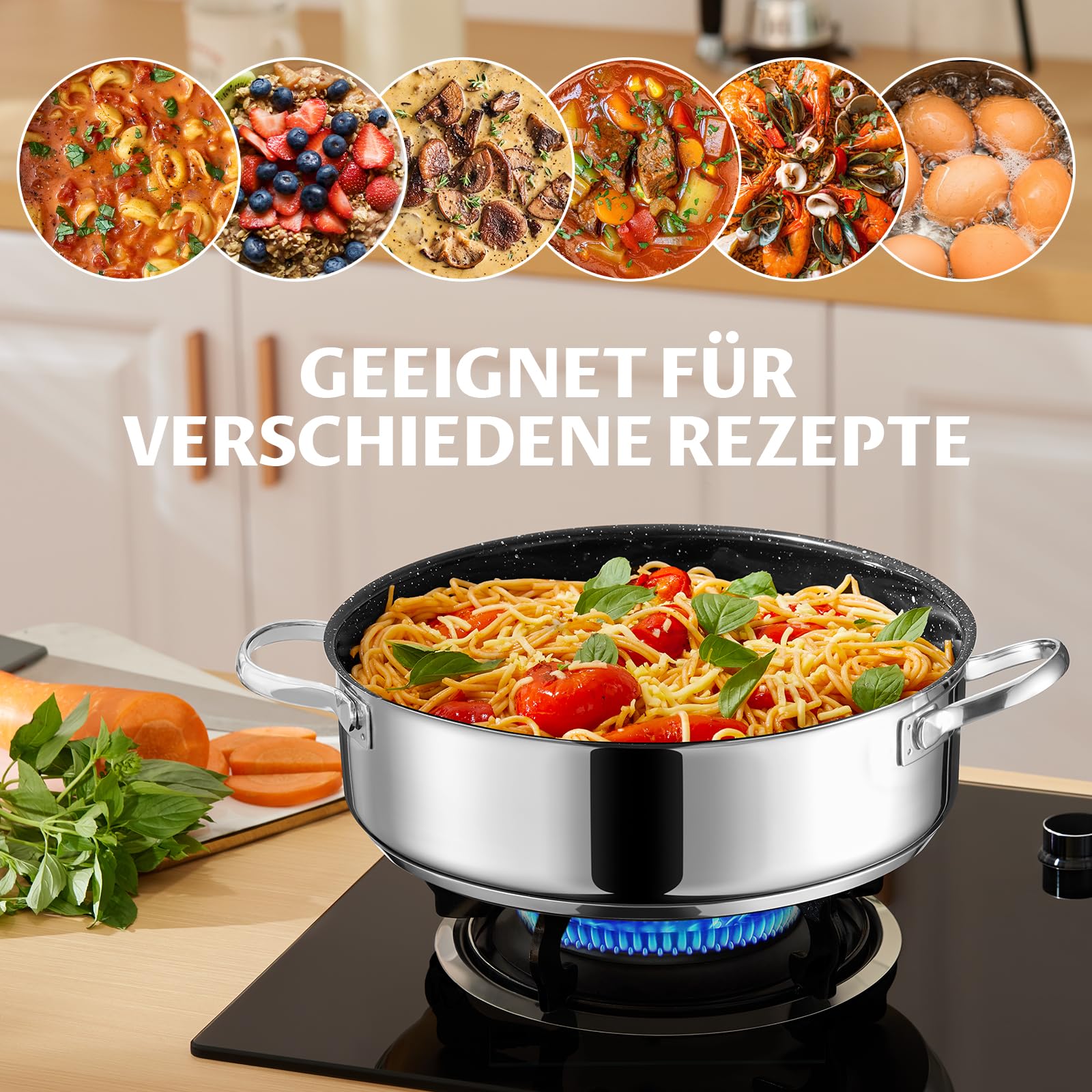 BEZIA Schmorpfanne 28 cm mit hohem Rand & Deckel, Induktions-Bräter 5,2 L | Edelstahl 18/10, Keramikbeschichtung Pfanne für alle Herdarten, Backofenfester Schmortopf & Bratpfanne zum Schmoren & Braten