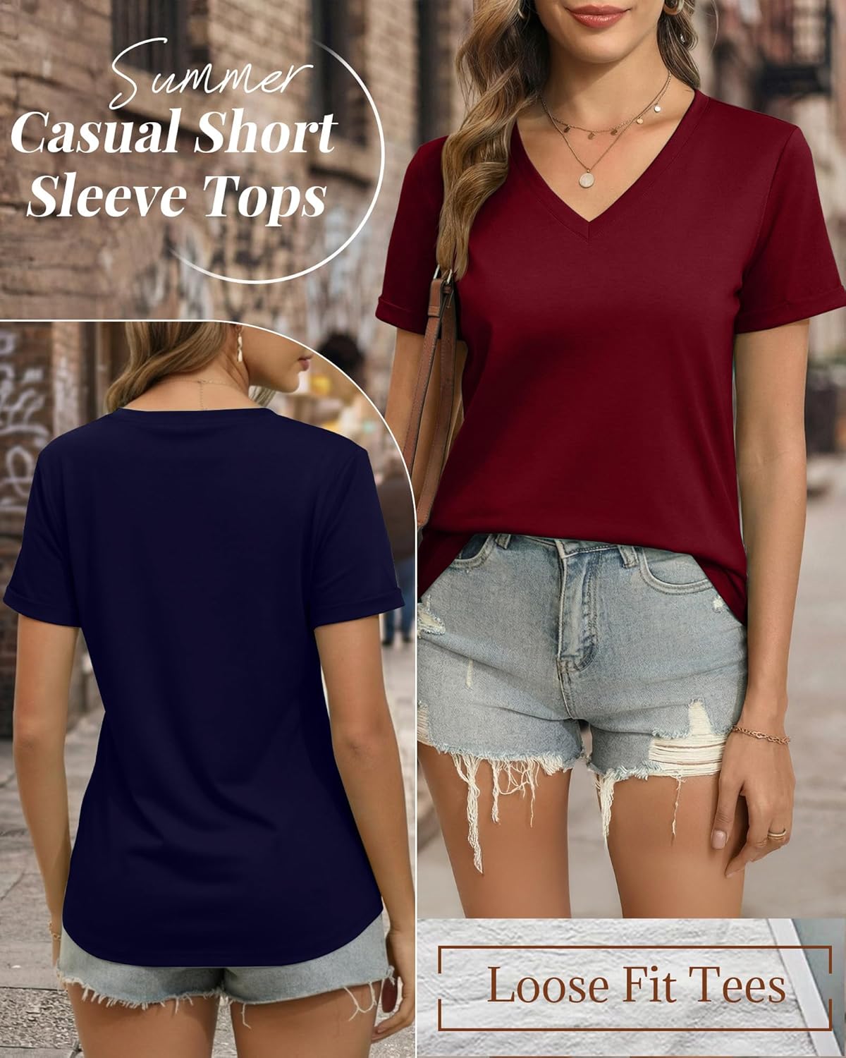 Ficerd 3 Pack Women's V Neck T Shirts, Summer Casual Short Sleeve Tops Loose Fit Rolled Sleeve Tees Trendy Shirts - Image 6