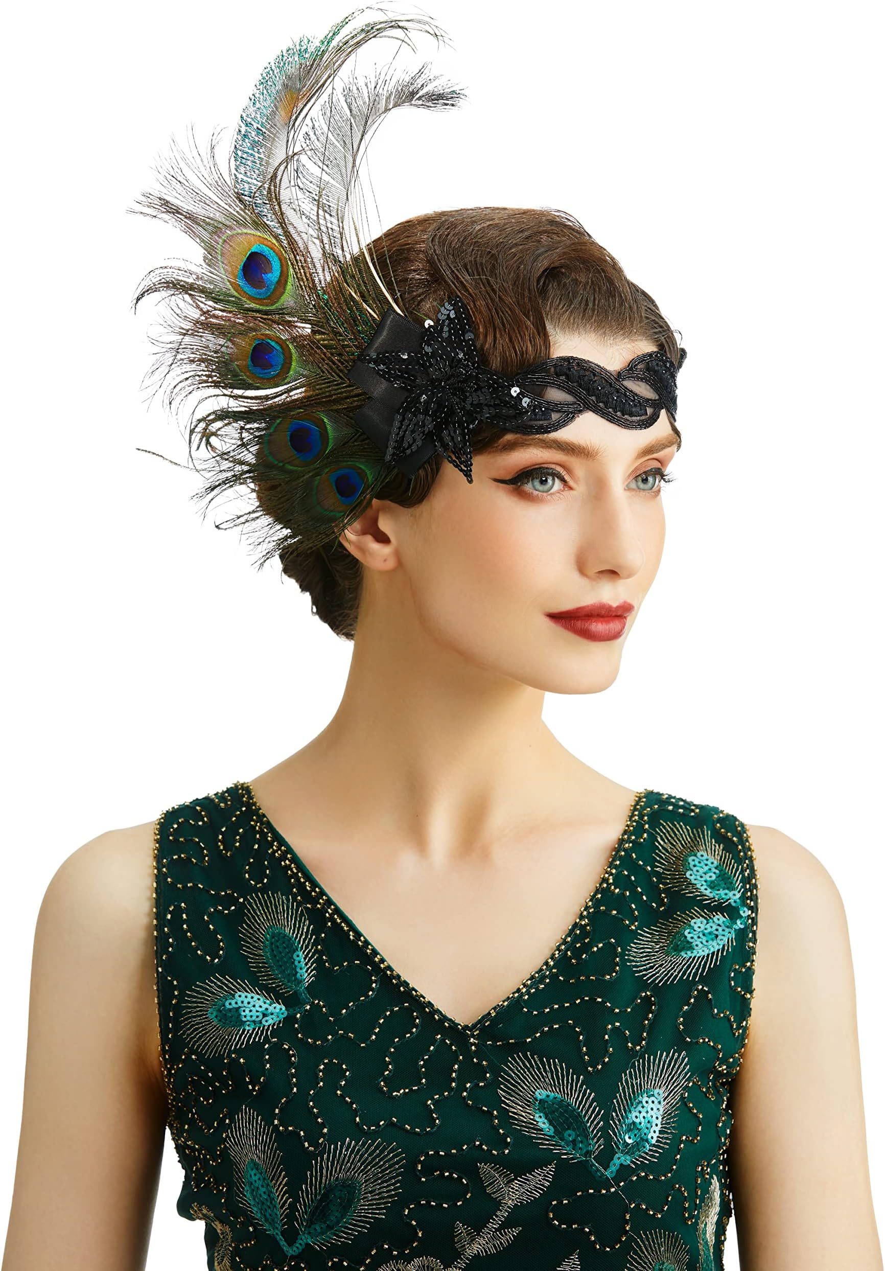 BABEYOND 1920s Flapper Headband Peacock Feather Headpiece Gatsby Accessories for Women Sequined Showgirl Headpiece