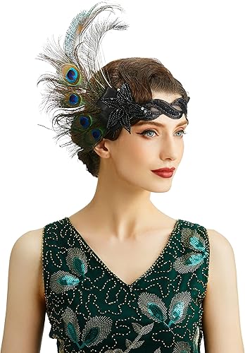 Babeyond Cinta para la cabeza estilo década de 1920con pluma de pavo real diadema de los años 20 lentejuelas Estilo 04 talla única Negro Babeyond Cinta para la cabeza estilo década de 1920con pluma de pavo real diadema de los años 20 lentejuelas Estilo 04 talla única Negro