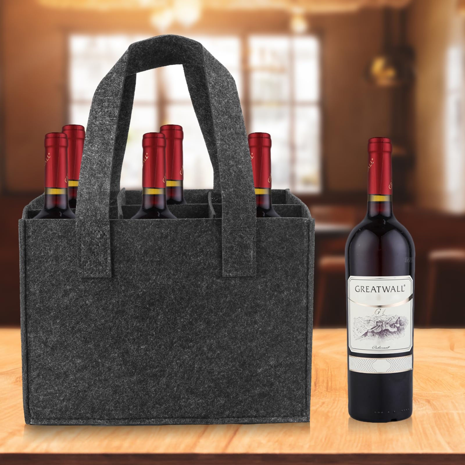 Jinsion Wine Bottle Carry Box with 6 Removable Compartments, Reusable Felt Wine Bottle Carrier Holder Bag - Image 4