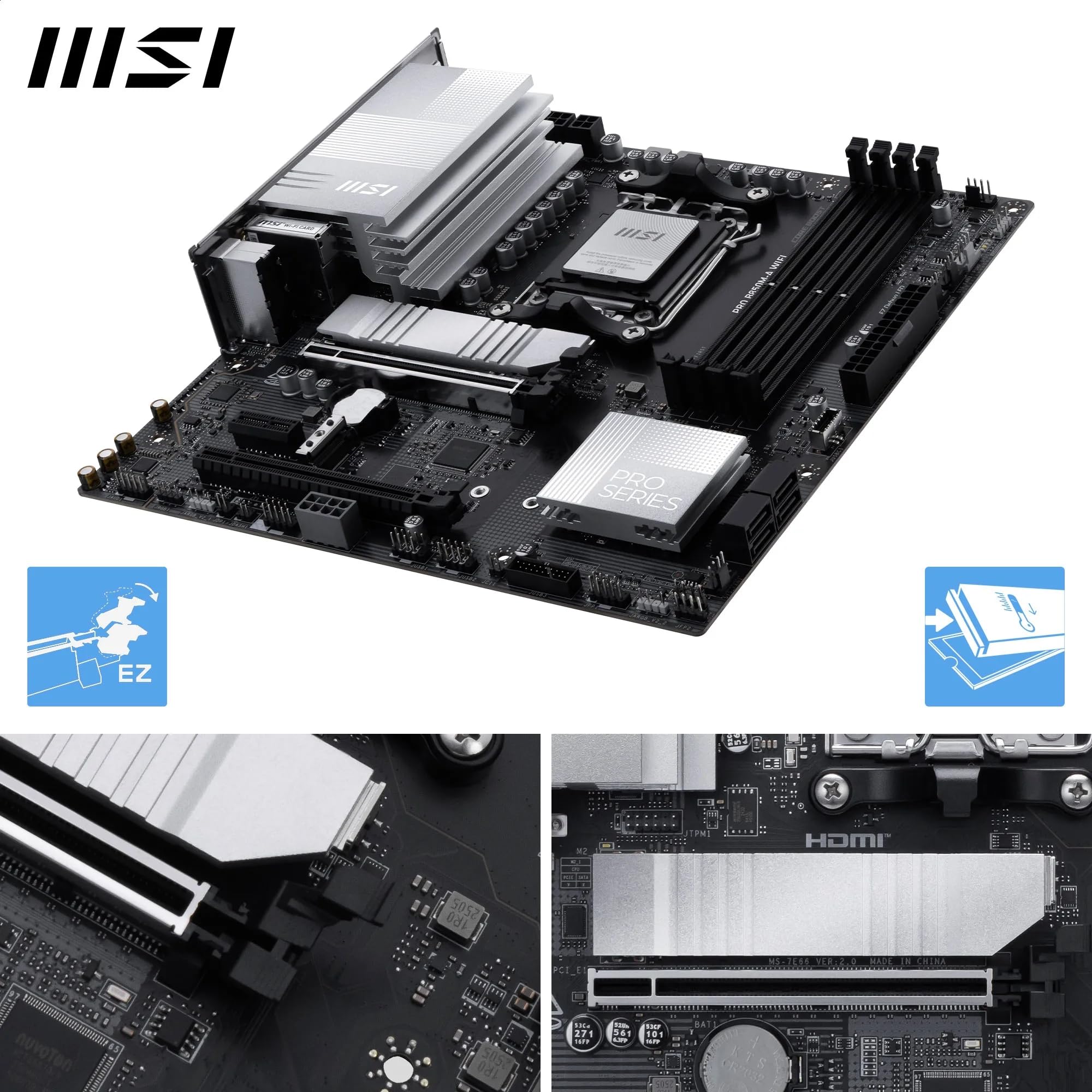 MSI Pro B850M-A - Placa Base WiFi, mATX, Compatible con procesadores AMD Ryzen 9000/8000/7000, AM5 - DDR5 Memory Boost (8200+ MT/s OC), PCIe 5.0 x16 y 4.0 x4, M.2 Gen5, Wi-Fi 7, 5G LAN