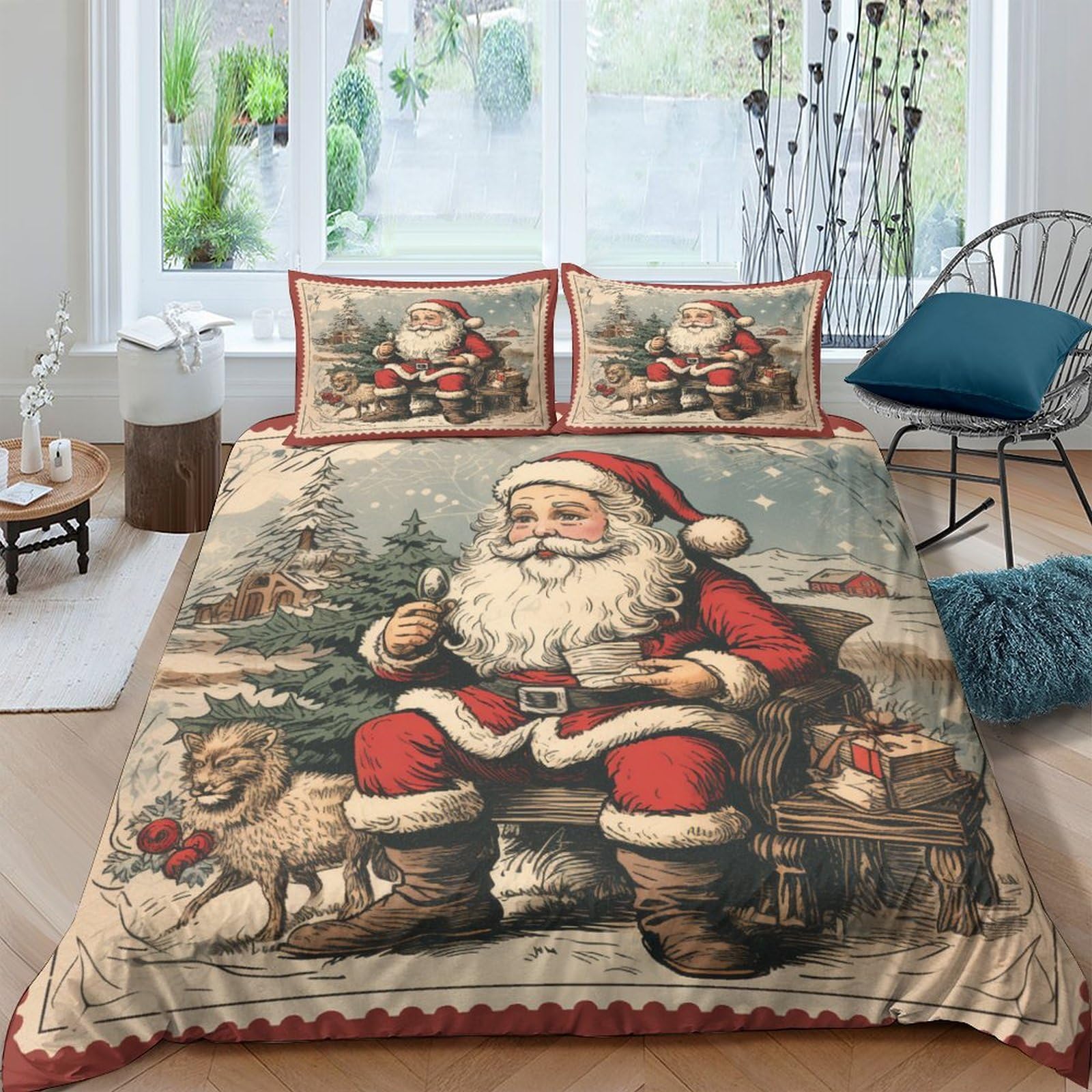 Housse de couette Noël 3D imprimé vintage parure de lit 3 pièces pour chambre