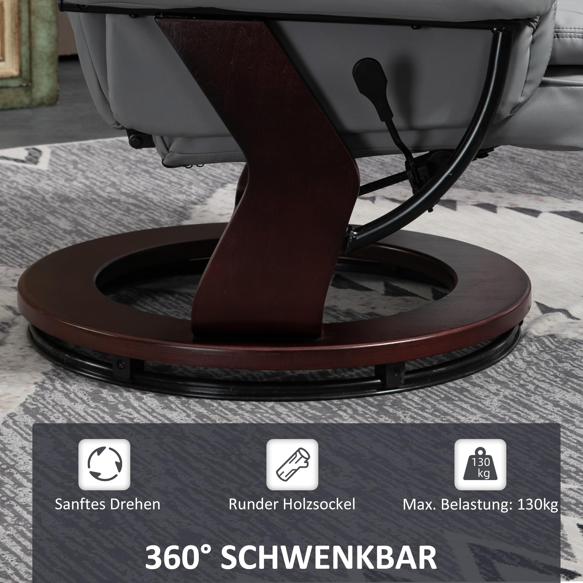 HOMCOM Relaxsessel mit Hocker 360°Drehbarer Fernsehsessel mit Liegefunktion TV-Sessel Ruhesessel bis 130 kg belastbar für Wohnzimmer Kunstleder, Grau