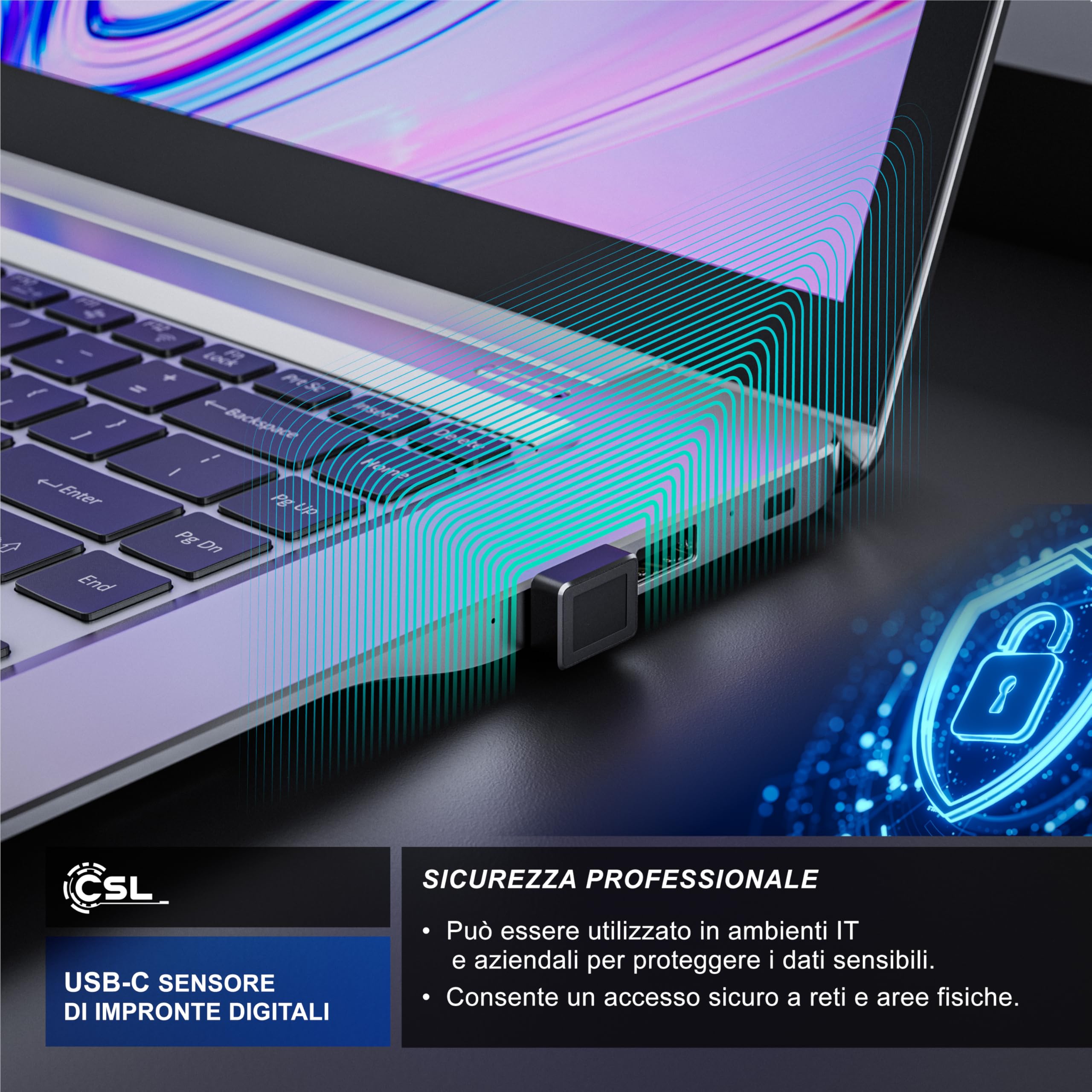 CSL - Chiavetta USB-C con Lettore di Impronte Digitali, Lettore di Impronte digitali USB per Windows10/11, Supporta Fino a 10 ID, Plug & Play, Riconoscimento a 360°, Accesso Biometrico per Laptop