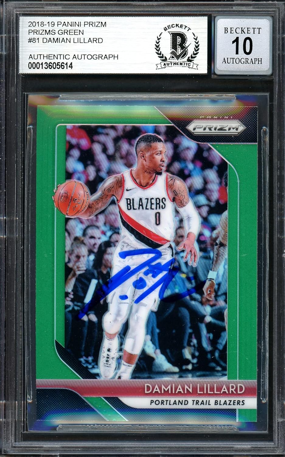 Damian Lillard Autographed 2018-19 P.a.n.i.n.i Prizm Green Basketball Card #81 Auto Grade Gem Mint 10 Beckett BAS Stock #199601