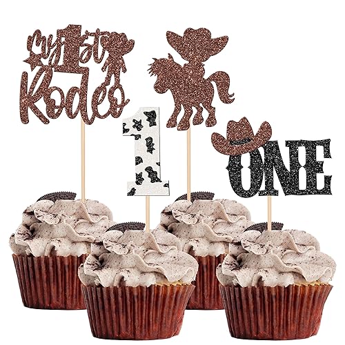 24 piezas de decoraciones de vaquero para magdalenas de primer cumpleaños, sombrero de vaquero con purpurina para primer cumpleaños, decoración para