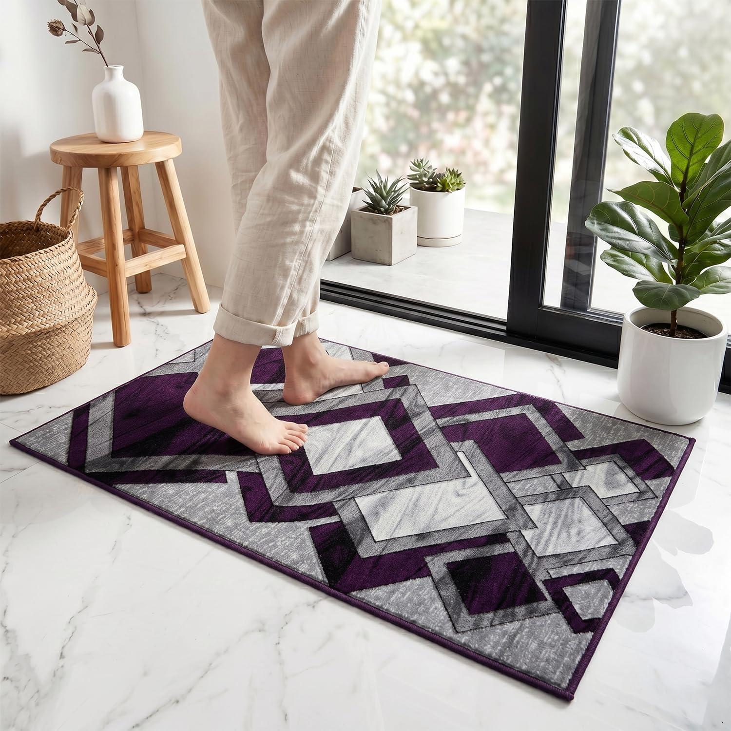 B&B Fluffy Door Mat for Entrance Door Living Room Mat - Indoor High Pile Soft Non Shedding Door Mat for Entry Front and Back Washable Mat - Purple, 50 x 80 cm