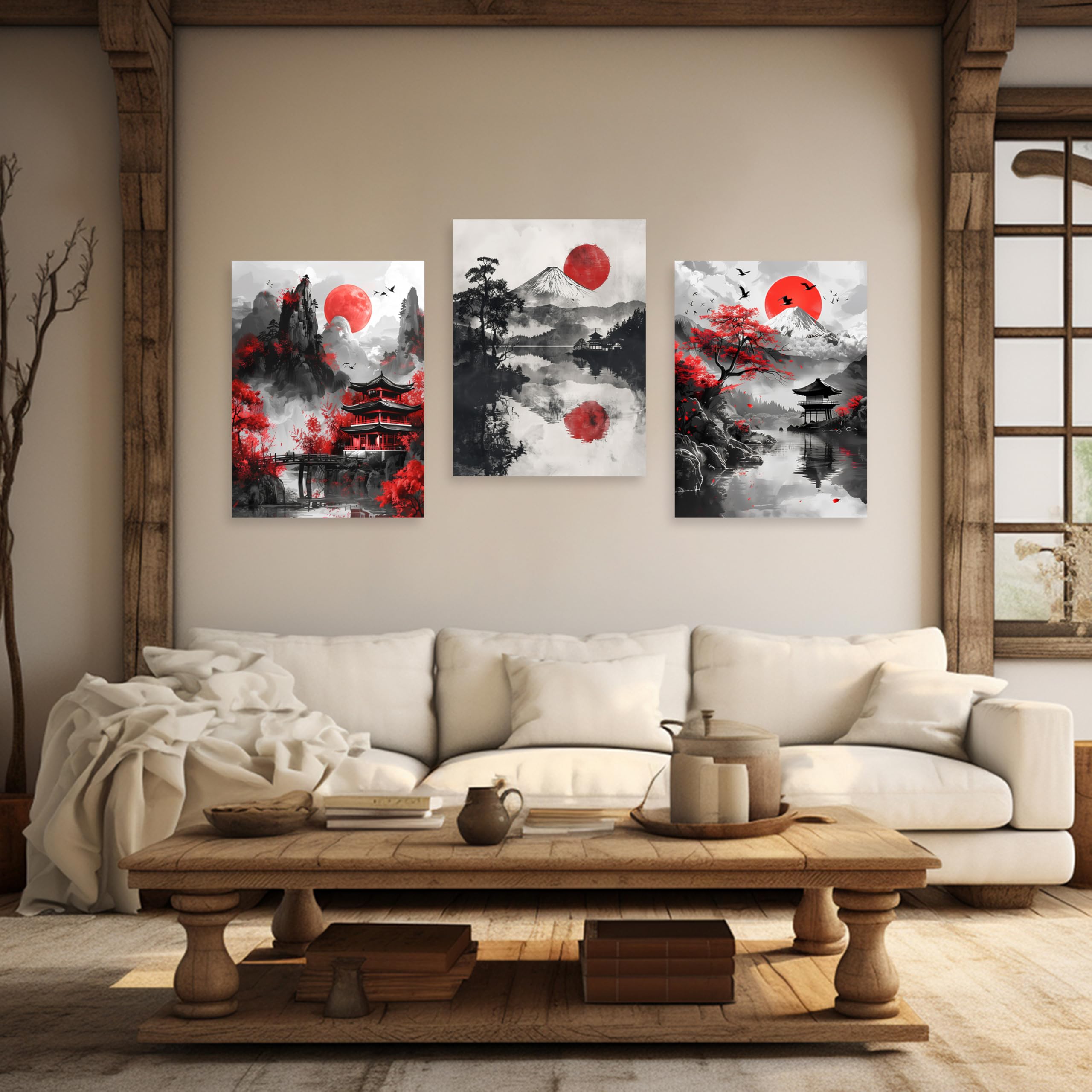 ARTZGX 3 Piece Japanese Wall Art Japanese Landscape Canvas Red and