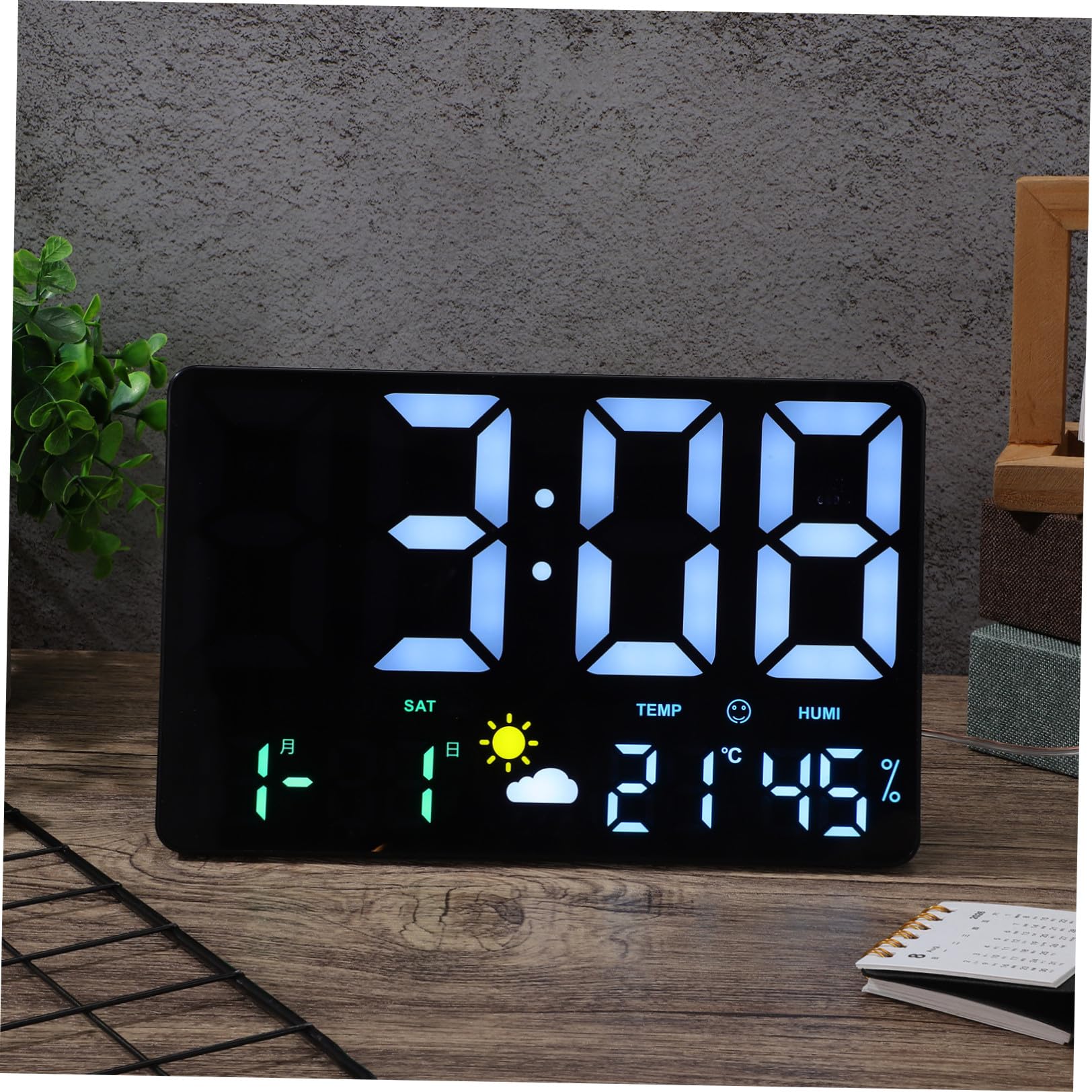 Artibetter Reloj de Pared Digital Pantalla LED Grande y Función de Temperatura para Oficina y Sala, Diseño Negro de Plástico Pronóstico