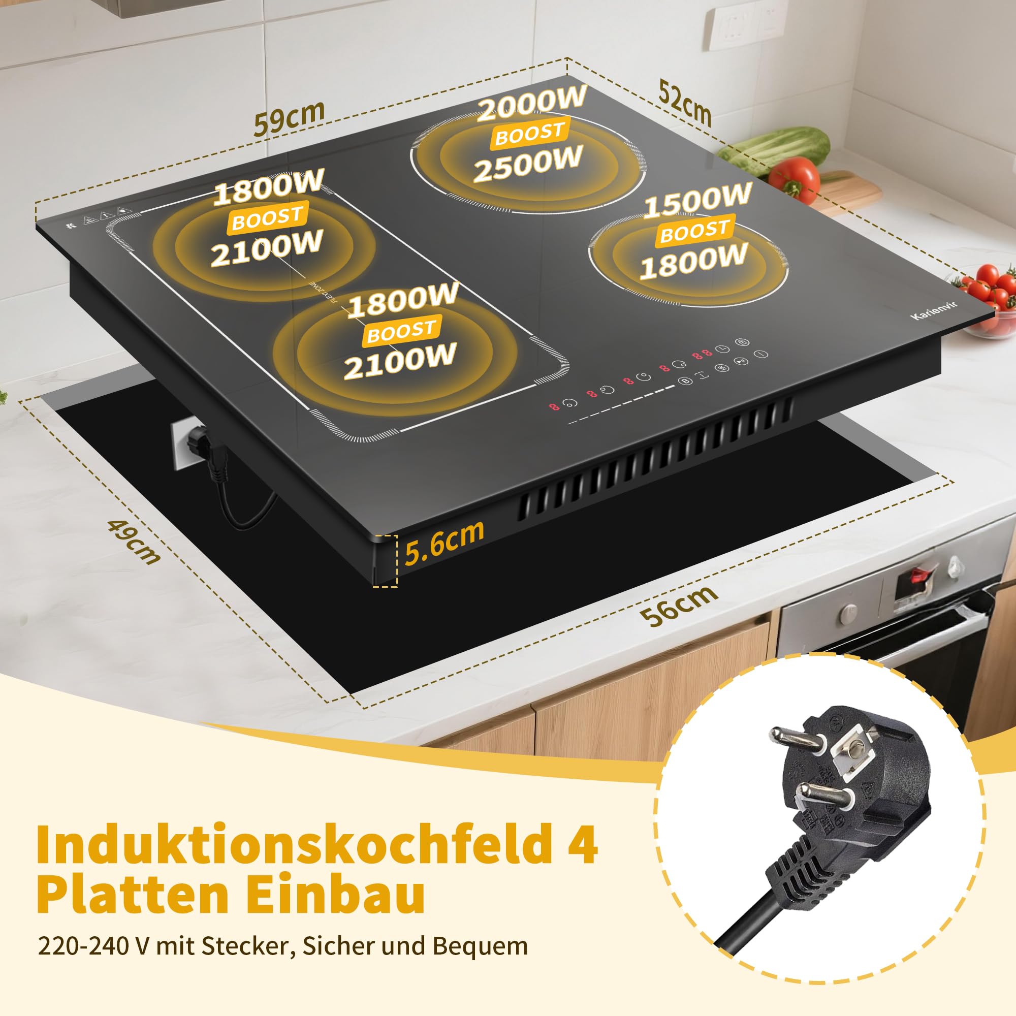 Induktionskochfeld 60 cm mit Stecker, 4 Platten Flexzonen, Boost-Funktion, 9 Leistungsstufen, Timer