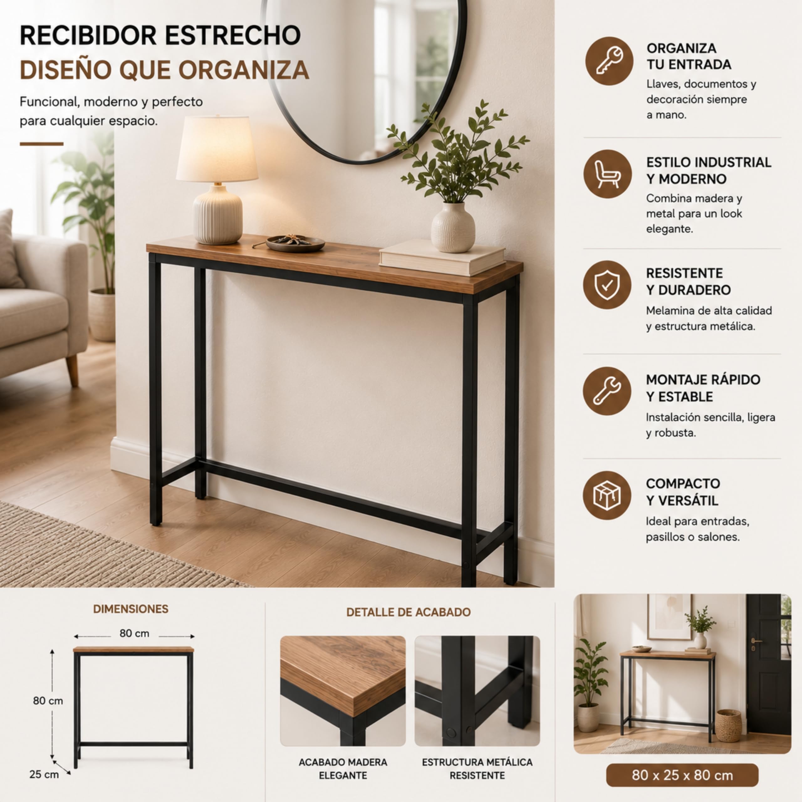Mobile ingresso industriale ideale per ingresso ingresso, mobile ingresso con design moderno, colore Atlantic Pine, 80 x 25 x 80 cm. Neo