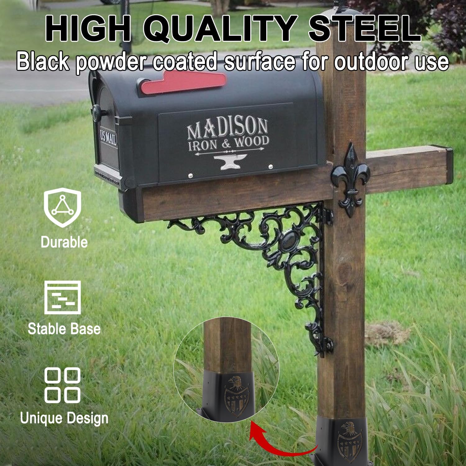 6x6 Post Base 4Pcs (Inner Size 5.6"x5.6") Post Brackets with Eagle Shield Design - Heavy Duty Fence Post Anchors for Wood, Pergola, and Deck Railing 6x6 Pergola Brackets Kit