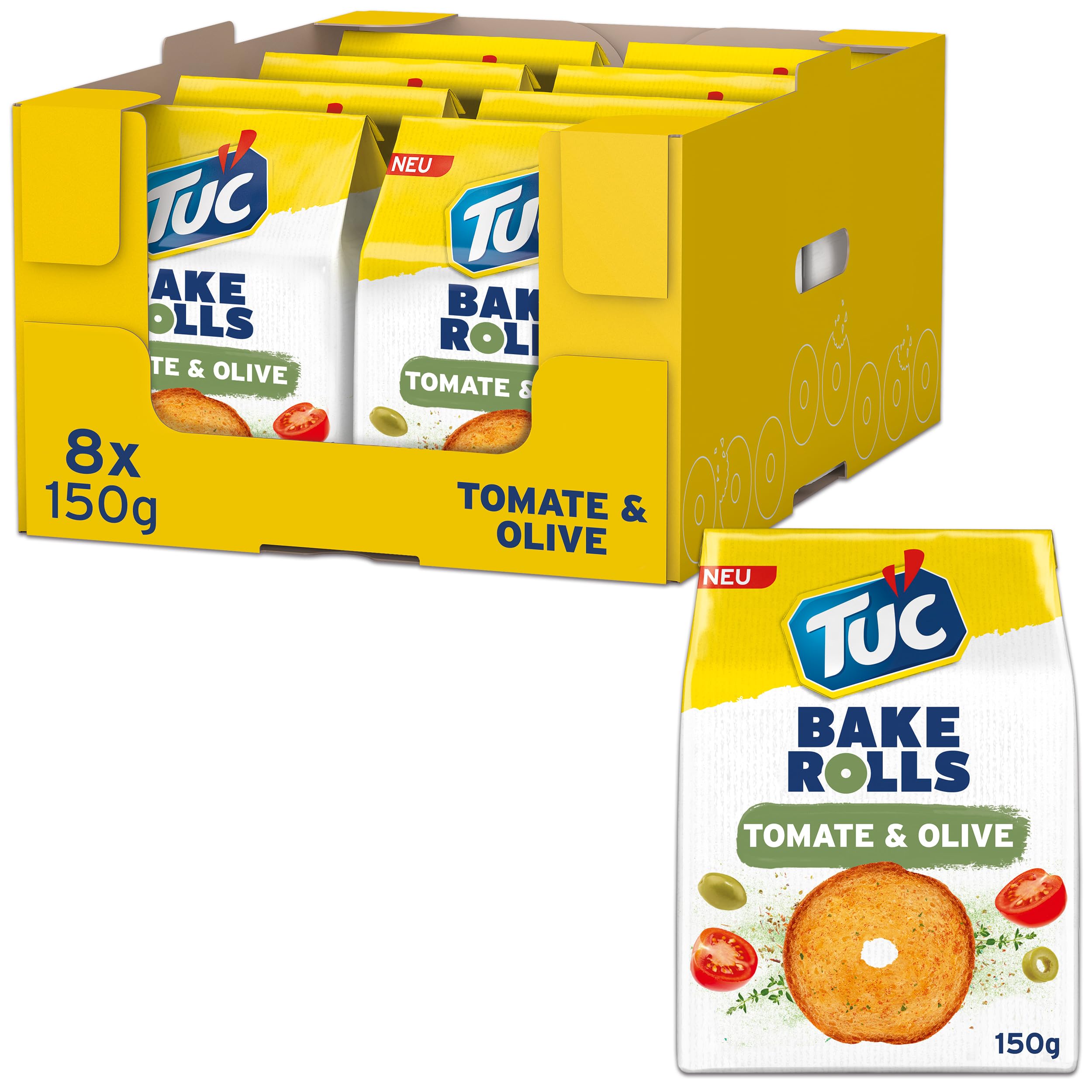 TUC Bake Rolls Tomate & Olive – Knusprige doppelt gebackene Brotchips – 8 x 150g
