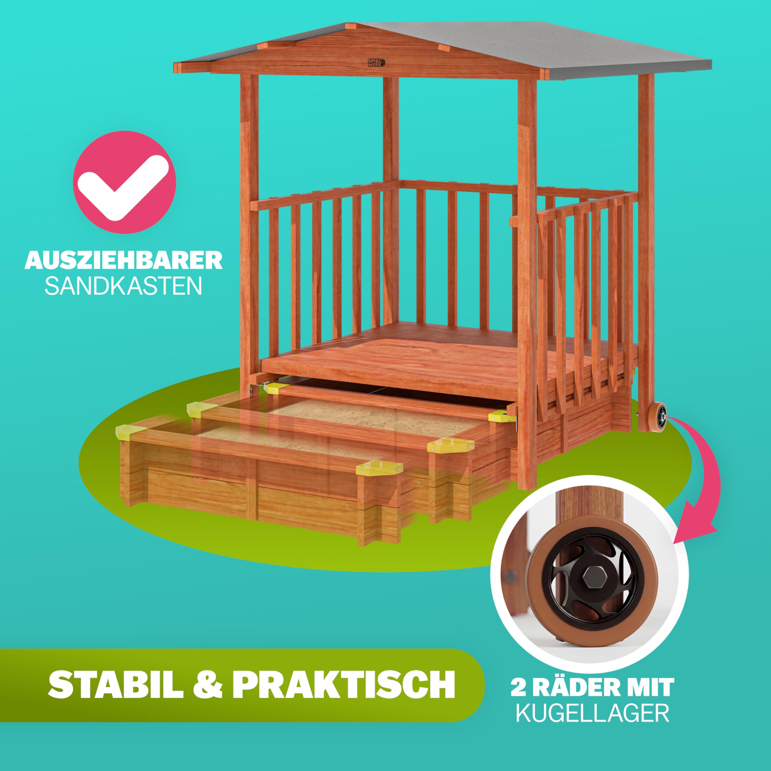 Spielwerk® Sandkasten Merle Sonnendach 143x130x130cm Veranda 95x95x20cm UV-Schutz Sandbox | Soft Play, ideal mit Kinetic Sand, Kleinkind Gartenspielzeug, Holz Spielhaus Sandkasten mit Bodeneinlage & Eckenschutz