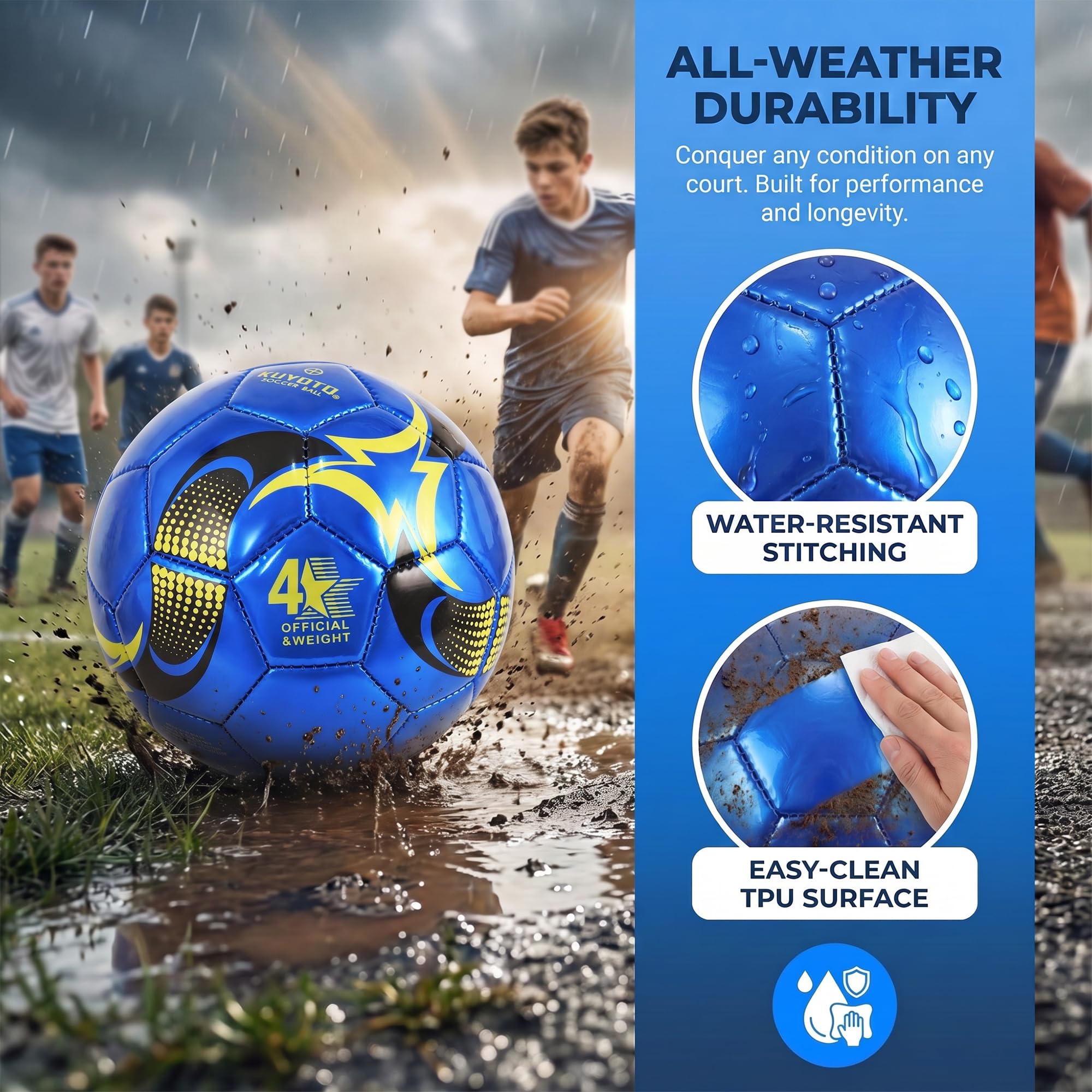KUYOTQ Kinder-Fußball, Größe 4, blau-goldfarben, glänzendes TPU-Leder, Spiel- und Trainingsball für Kinder und Jugendliche, professionelle Konstruktion für dauerhaften Einsatz im und Außenbereich mit