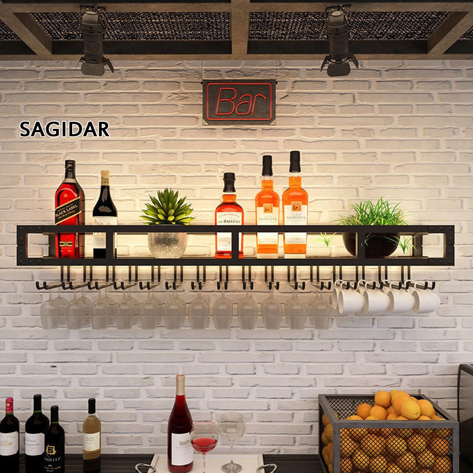 SAGIDAR Estante De Vino De Pared, Colgador De Almacenamiento De Copas, Soporte para Vasos De Hierro 60cm-150cm, Fácil De Montar, Negro/Oro, Apoyo Estable, Diseño De Copa Colgante Razonable