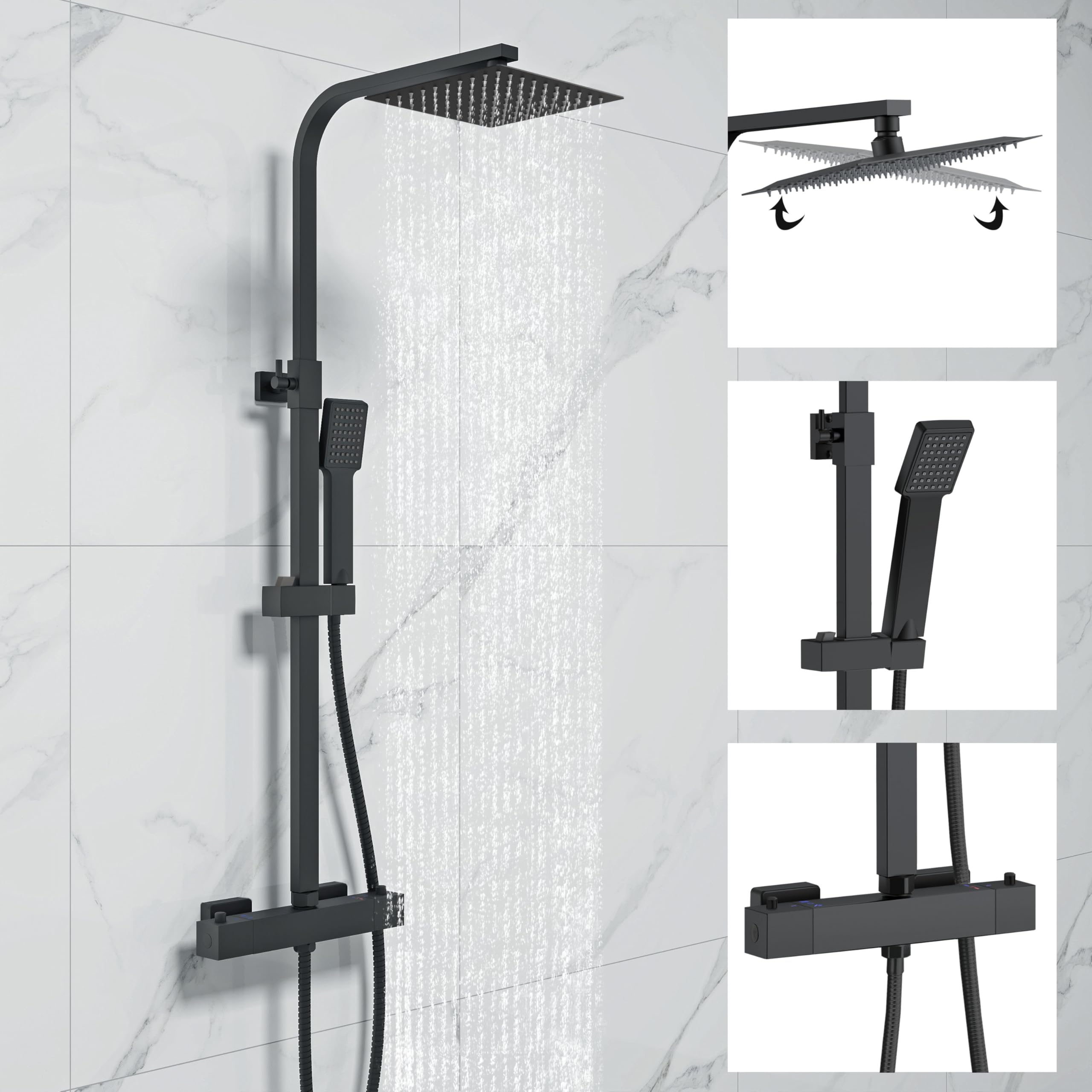 Simple Bathrooms Thermostatic Shower System, Square Thermostatic 38℃ Shower Mixer Set with Rainfall Shower Head, Handheld Shower, Riser Rail, Adjustable Height Anti Scald Matte Black Shower Set