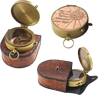 Antique Maritime NOT All Those Who Wander are Lost Copper Dial Vintage Marine Brass Compass with Leather Box