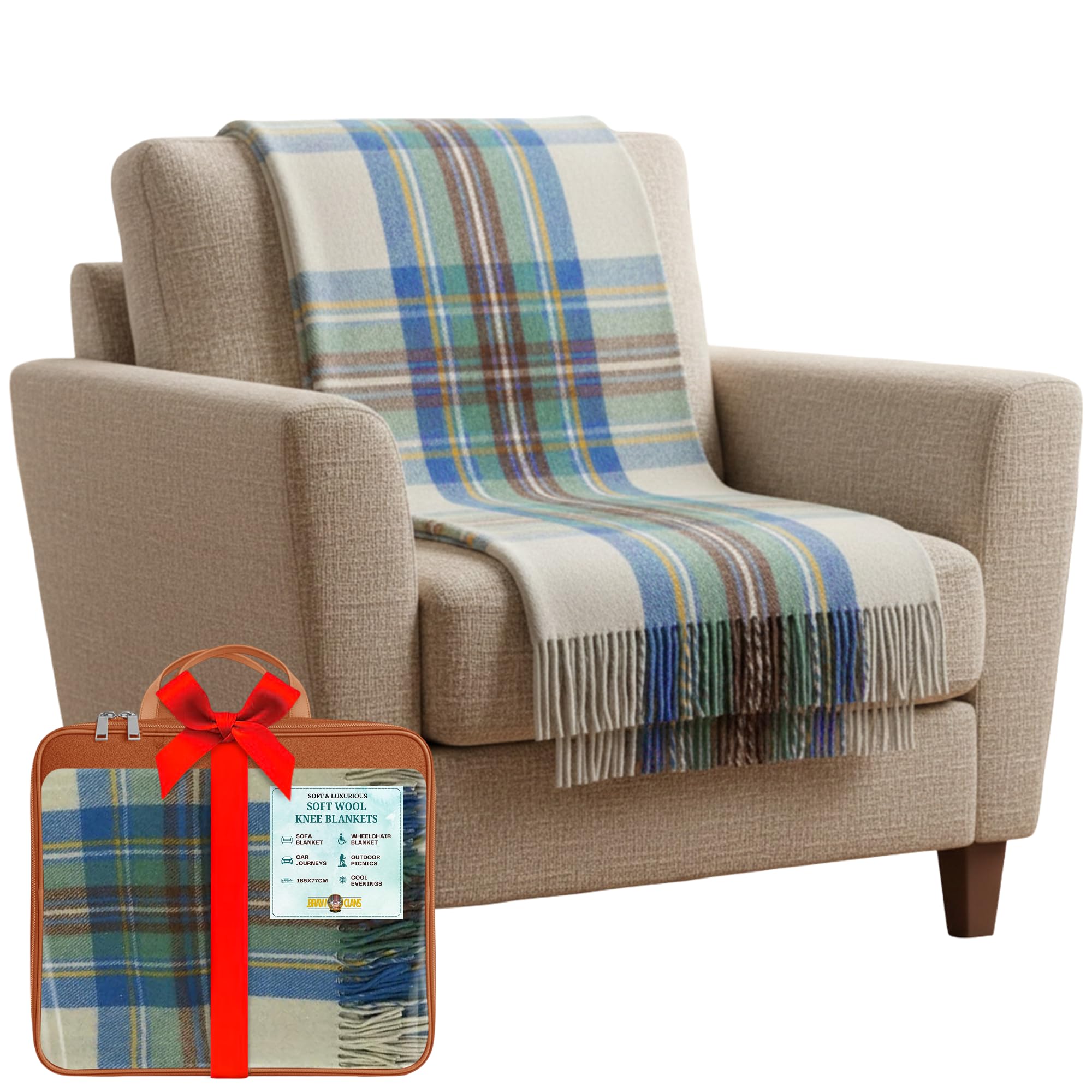 Braw Clans Tartans Stewart Muted Blue Soft Wool Tartan Knee Blanket Lap Throw - Lap Blanket For Sofa With Fringed Edges - Compact Travel Essentials & Car Seat Throw - Plaid