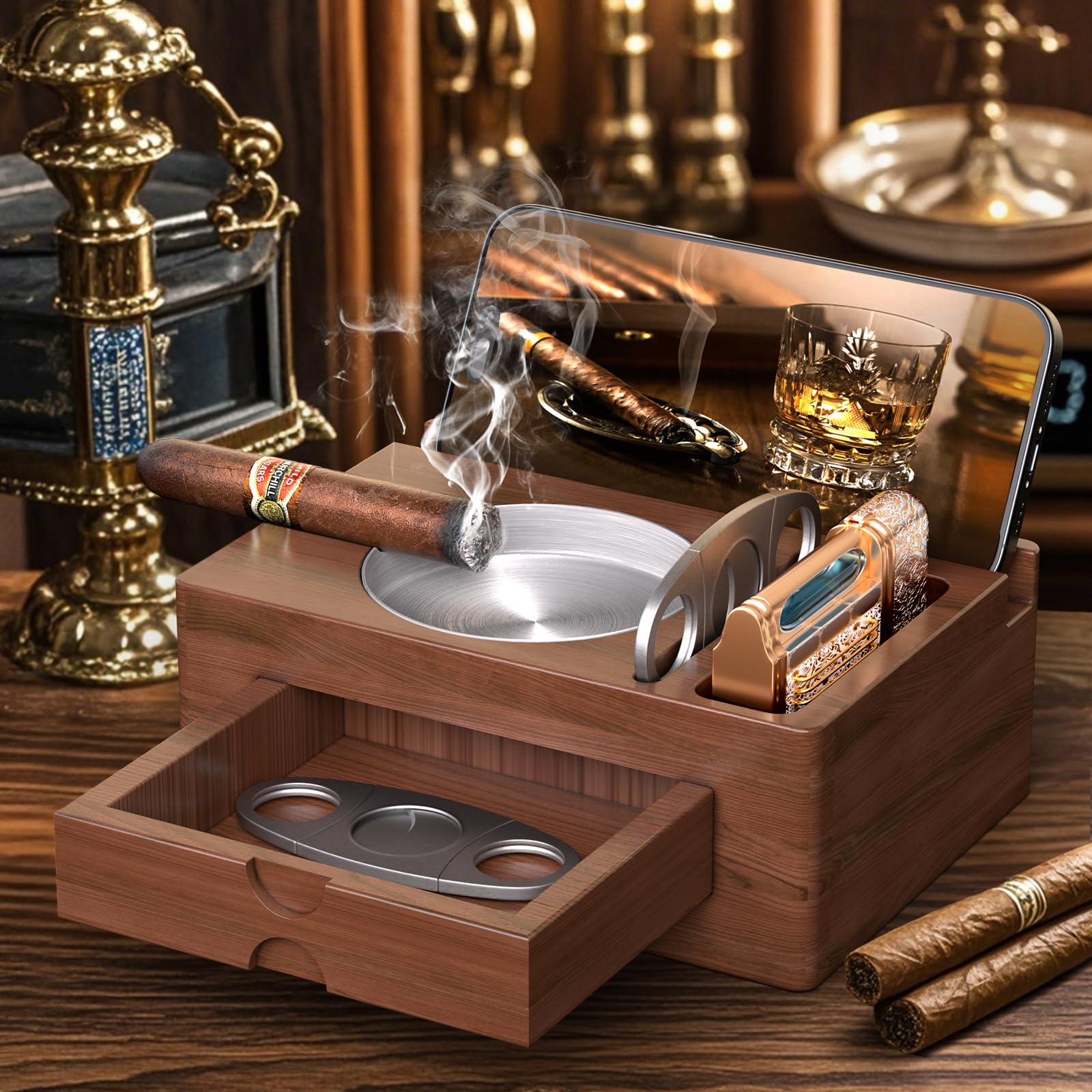 Wooden Cigar Ashtray with Lighter Slot & Accessories Drawer - 3-in-1 Cigar Holder Tray for Outdoor, Home Bar, Patio, Office Use - Cigar Gift Set for Men, Elegant Decoration Suitable (Brown)