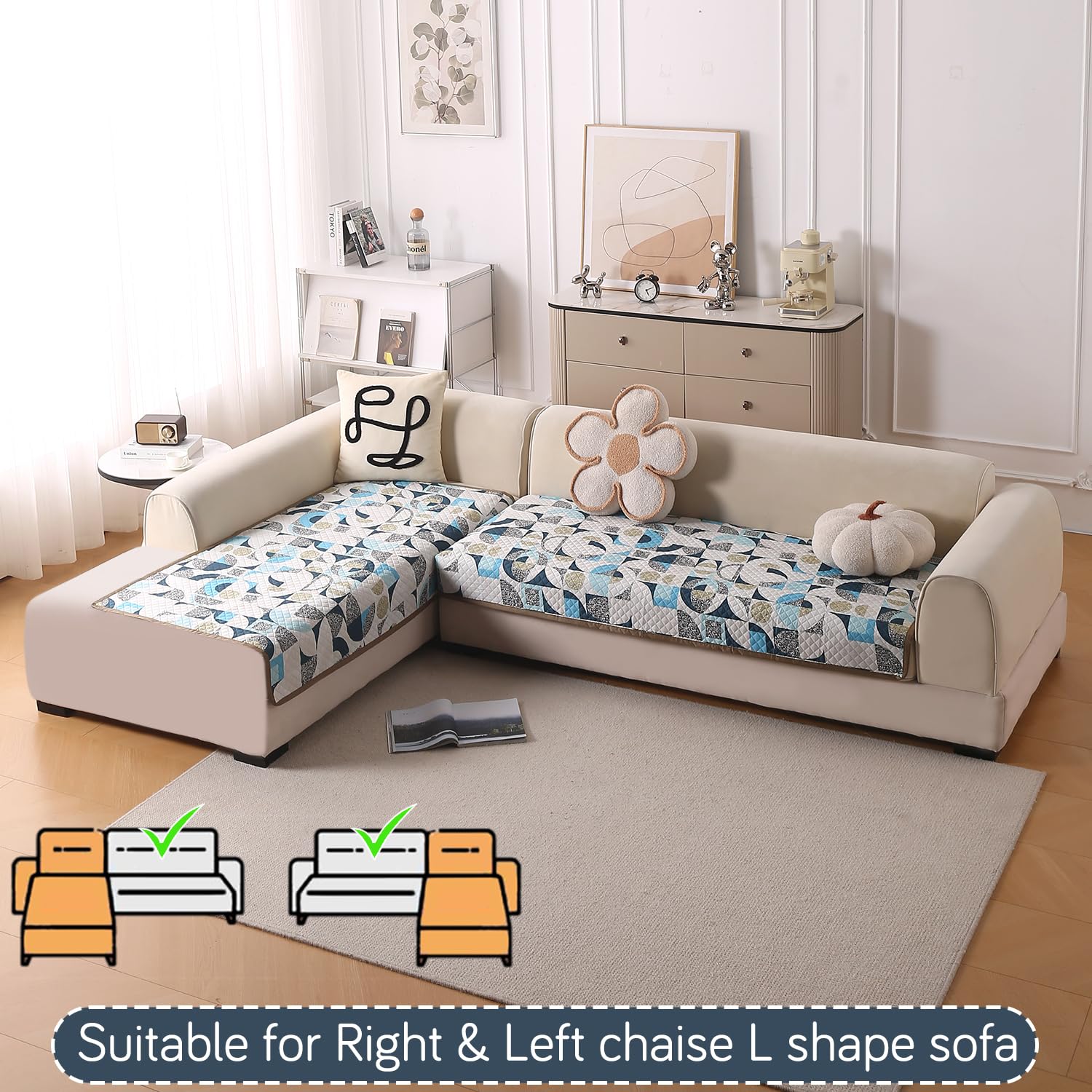 Beige Peony Sofa Cover - L Shape 5 Seater -3