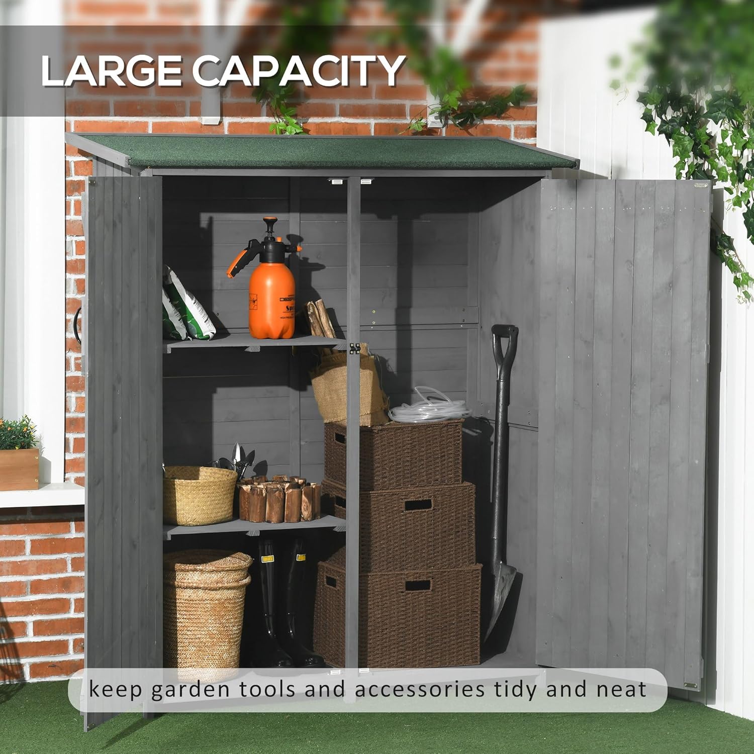 Outsunny Outdoor Storage Cabinet Wooden Garden Shed Utility Tool Organizer with Waterproof Asphalt Rood, Lockable Doors, 3 Tier Shelves for Lawn, Backyard, Gray