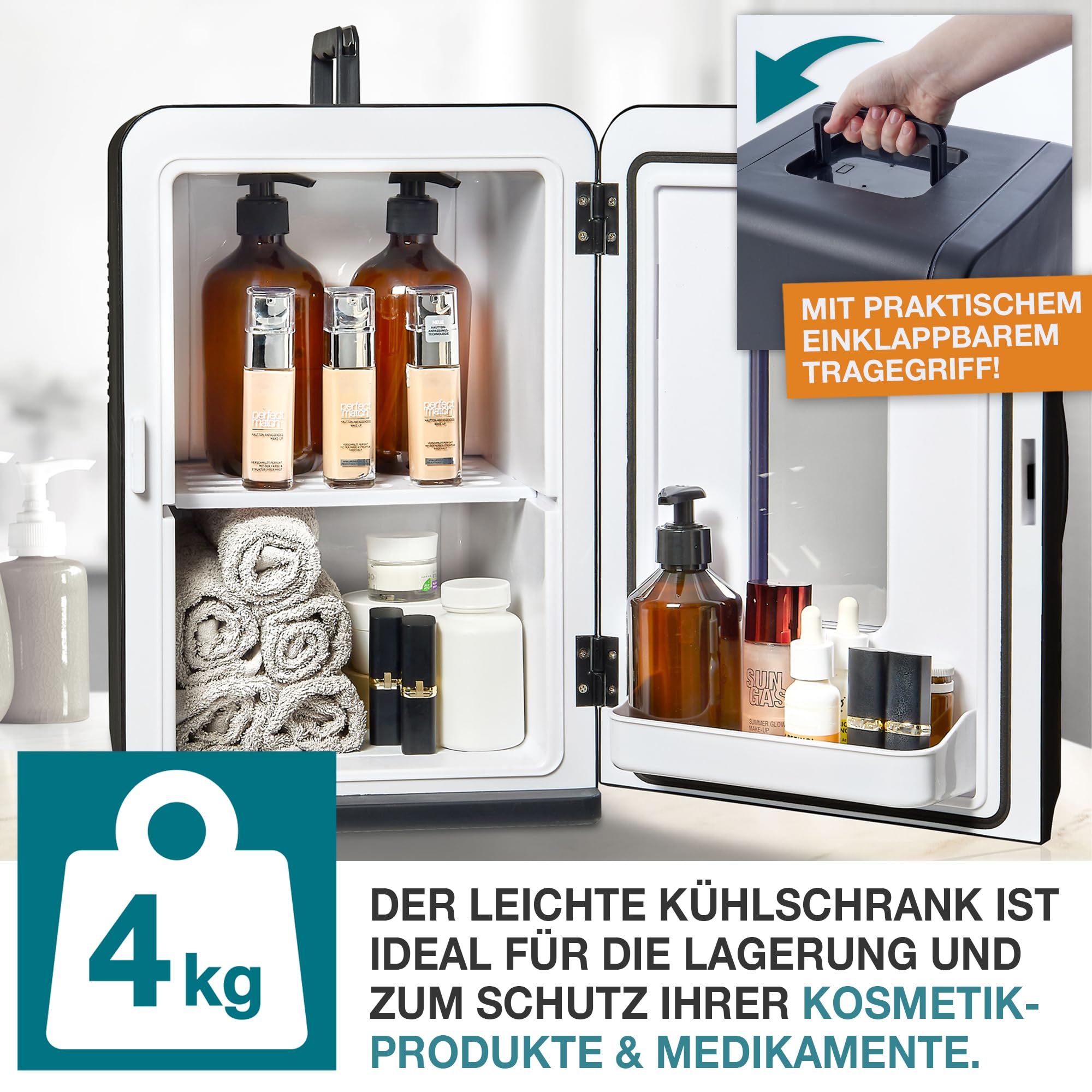 TOM 2in1 Mini Kühlschrank 15 L – Kühl- & Heizfunktion | Tragbarer leiser Kühlschrank für Auto, Camping, Wohnmobil, Gaming und Kosmetik – kompakter Minikühlschrank in Schwarz & Mint