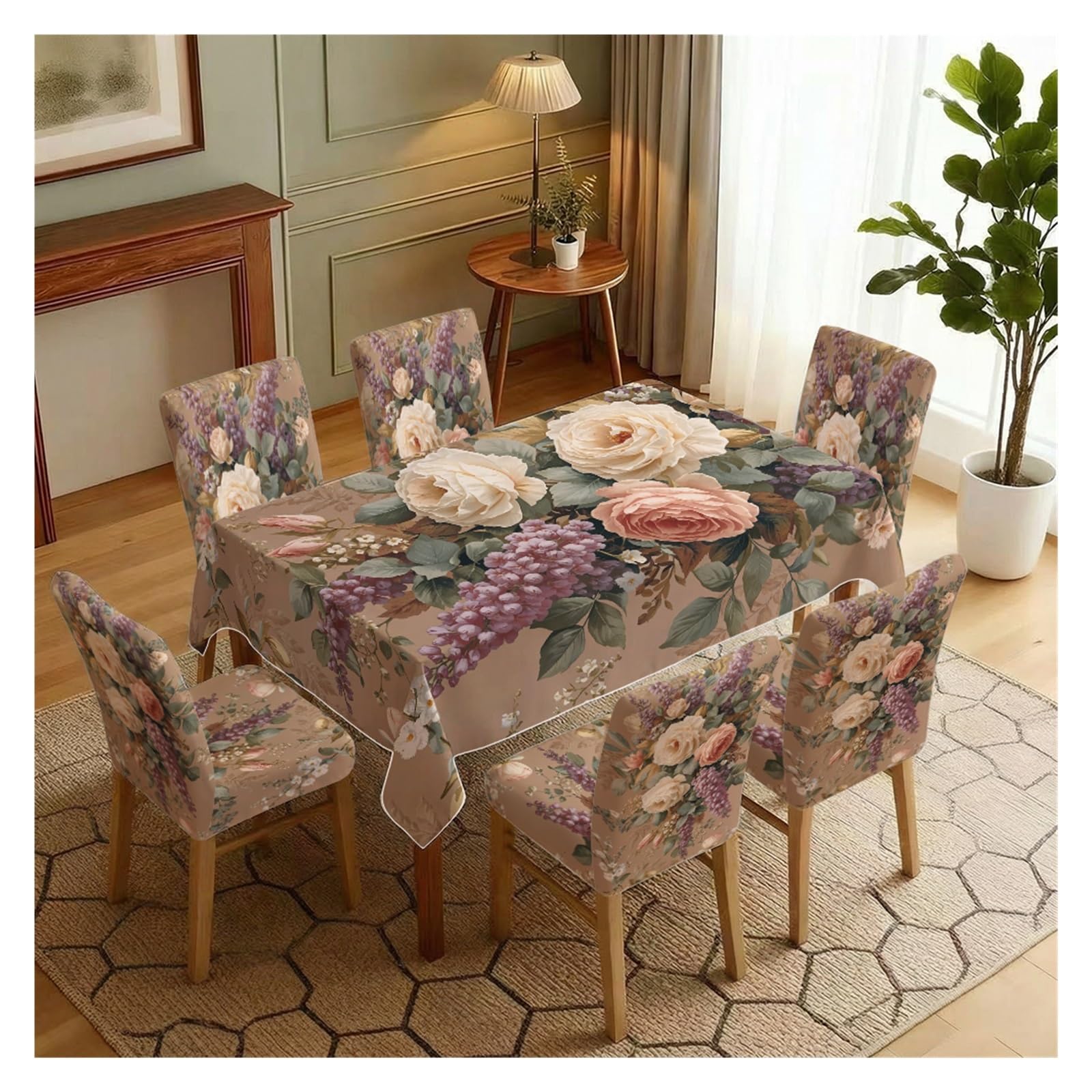 BOSUYBN Vintage Floral Dining Chair Covers with Tablecloth Set, 5/7 Piece Stretch Chair Slipcovers for Home Dining Setup Table Setting(7pcs Set: Tablecloth+Chair Covers)