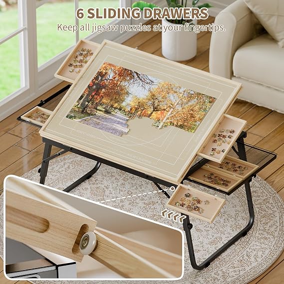 Puzzle Table with Drawers for 1500 Piece Jigsaw Puzzles Puzzle Board | Adjustable Tilting Puzzle Tables with Folding Legs & 6 Slidable Sorting Trays for Adults, Protective Cover