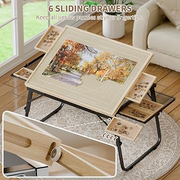 Puzzle Table with Drawers for 1500 Piece Jigsaw Puzzles Puzzle Board | Adjustable Tilting Puzzle Tables with Folding Legs & 6 Slidable Sorting Trays for Adults, Protective Cover