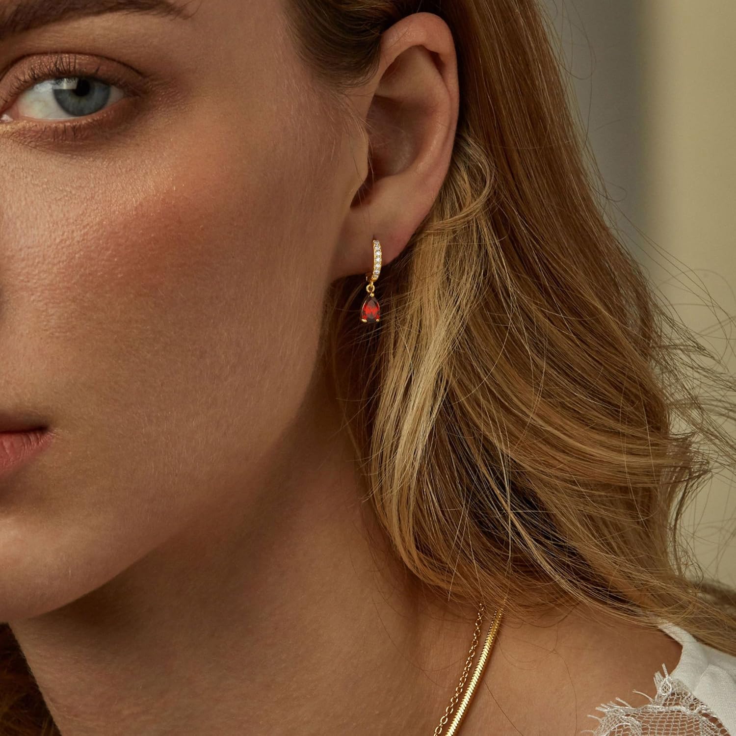 TOBENY Dangle Earrings for Women Trendy 14K Gold Plated Hypoallergenic Drop Hoop Earrings Dainty Diamond Green Emerald Birthstone Huggie Earrings for Birthday Gifts - Image 2