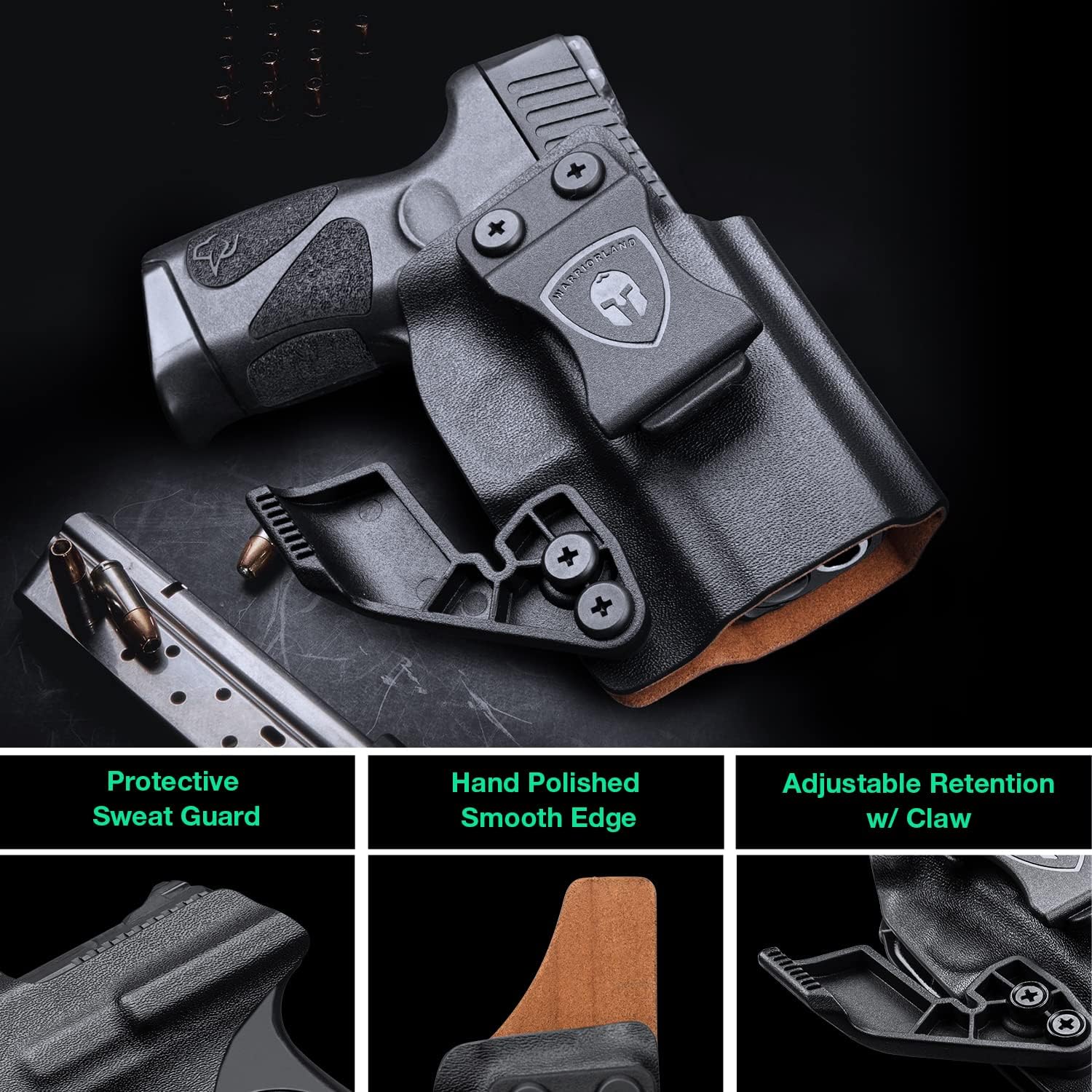 WARRIORLAND IWB Kydex Holster with Suede Leather Interior, Fit for Glock 43X /43X mos/ G17/19 Gen3-5, Sig P365/ P365X & P320 M18/ M17, Hellcat, Taurus G2C/ G3C, w/Optic Cut &Claw Conceal Carry Holster
