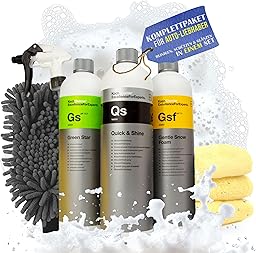 Koch Chemie Autopflegeset (3x1L): Green Star, Gentle Snow Foam & Quick Shine. Inkl. 3 Mikrofasertücher, Sprühkopf & Waschhandschuh für Auto Detailing (Gentle Snow Foam + Quick & Shine + Green Star)