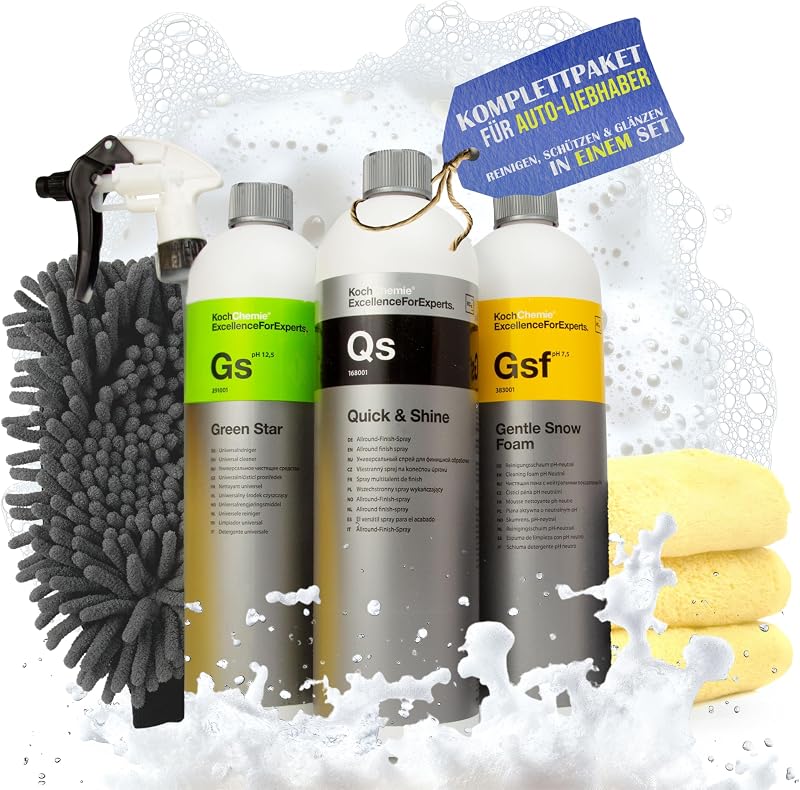 Koch Chemie Autopflegeset (3x1L): Green Star, Gentle Snow Foam & Quick Shine. Inkl. 3 MikrofasertĂĽcher, SprĂĽhkopf & Waschhandschuh fĂĽr Auto Detailing (Gentle Snow Foam + Quick & Shine + Green Star)
