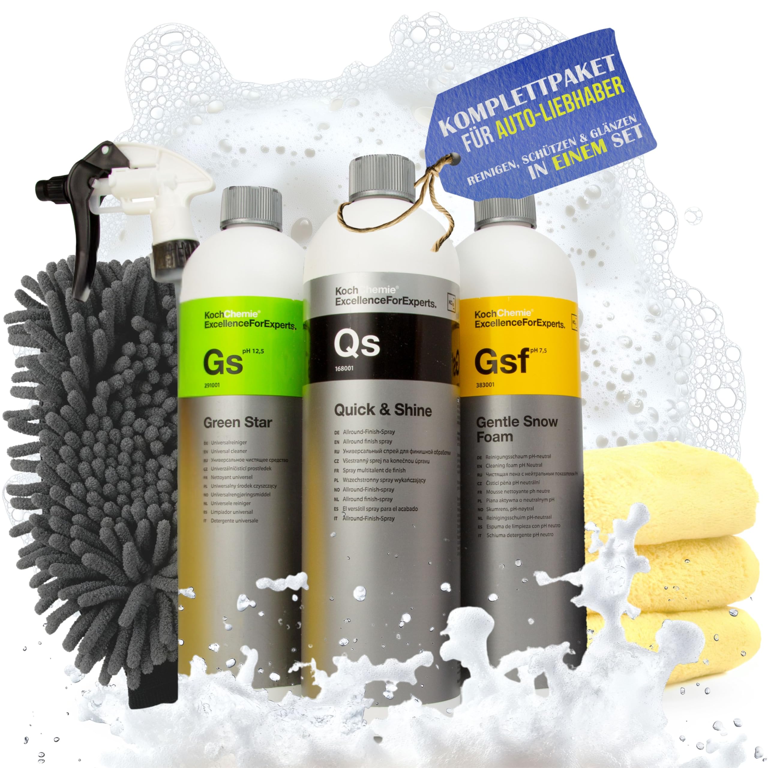 Koch Chemie Autopflegeset (3x1L): Green Star, Gentle Snow Foam & Quick Shine. Inkl. 3 Mikrofasertücher, Sprühkopf & Waschhandschuh für Auto Detailing (Gentle Snow Foam + Quick & Shine + Green Star)