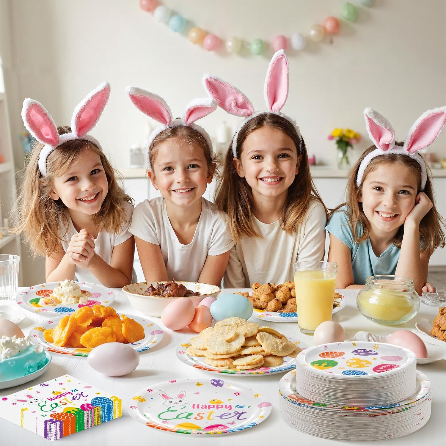150 Pcs Happy Easter Plates and Napkins - Easte Egg Paper Dinnerware Set, Cute Eastes Rabbit Dinner Dessert Plates Luncheon Napkins Tableware for Easter Activity Party Supplies Table Decor, Serves 50 - Image 2