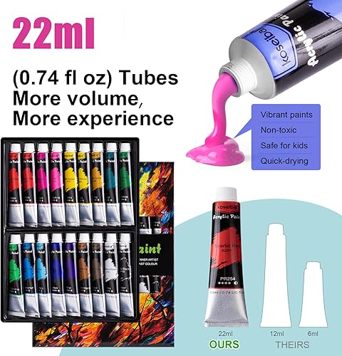 Vista 3 de koseibal Juego de pintura acrílica para niños, kit de suministros de pintura artística con 18 pinturas, 5 paneles de lienzo, 8 pinceles, caballete