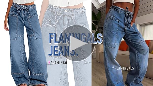 Flamingals Wide Leg Jeans for Women Drawsting Mid Waist