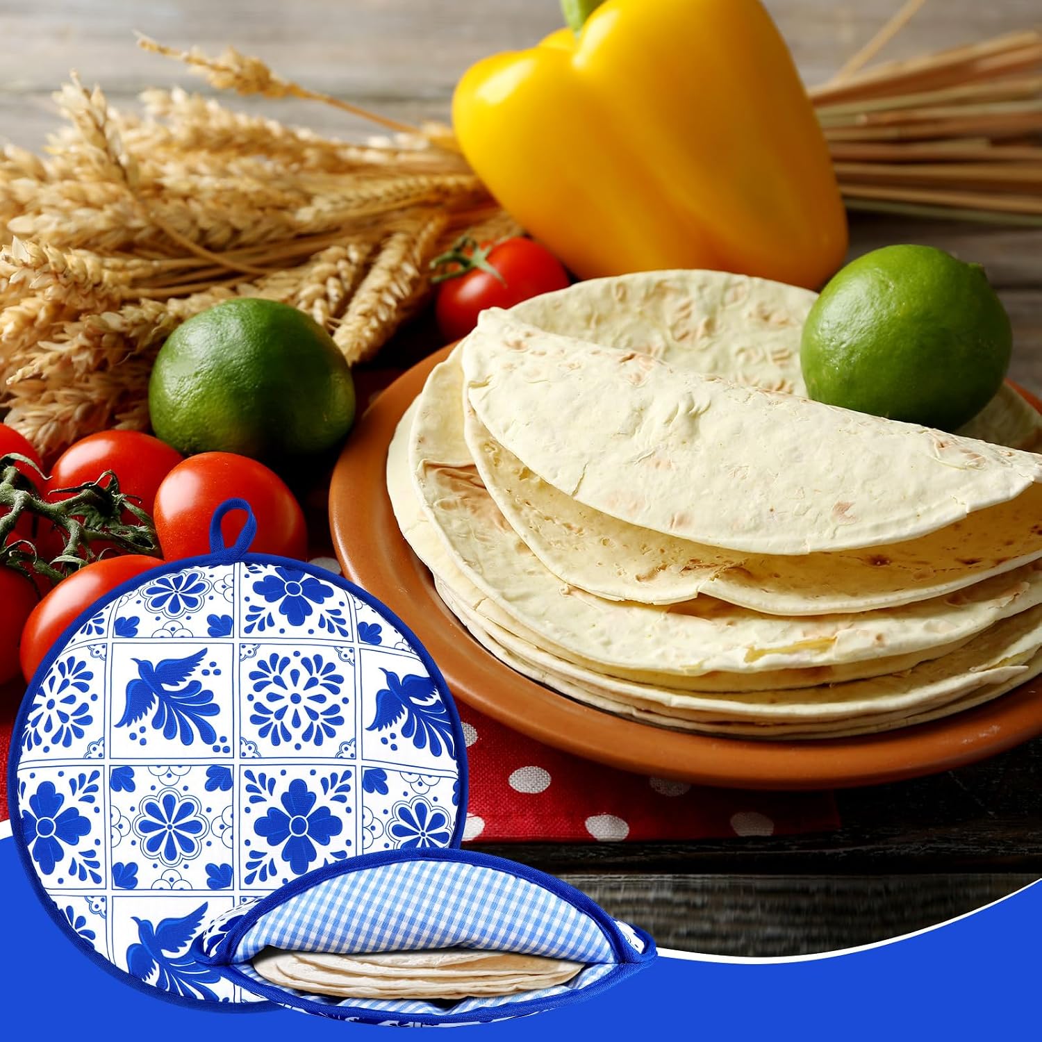 Honeydak 2 Pcs 12 Inch Tortilla Warmer Pouch, Microwavable Insulated Cloth Pouch Blue Mexican Talavera Tortillero Fabric Tortilla Keeper Taco Holder for Tortillas, Tacos, Naan, Pizza Rolls