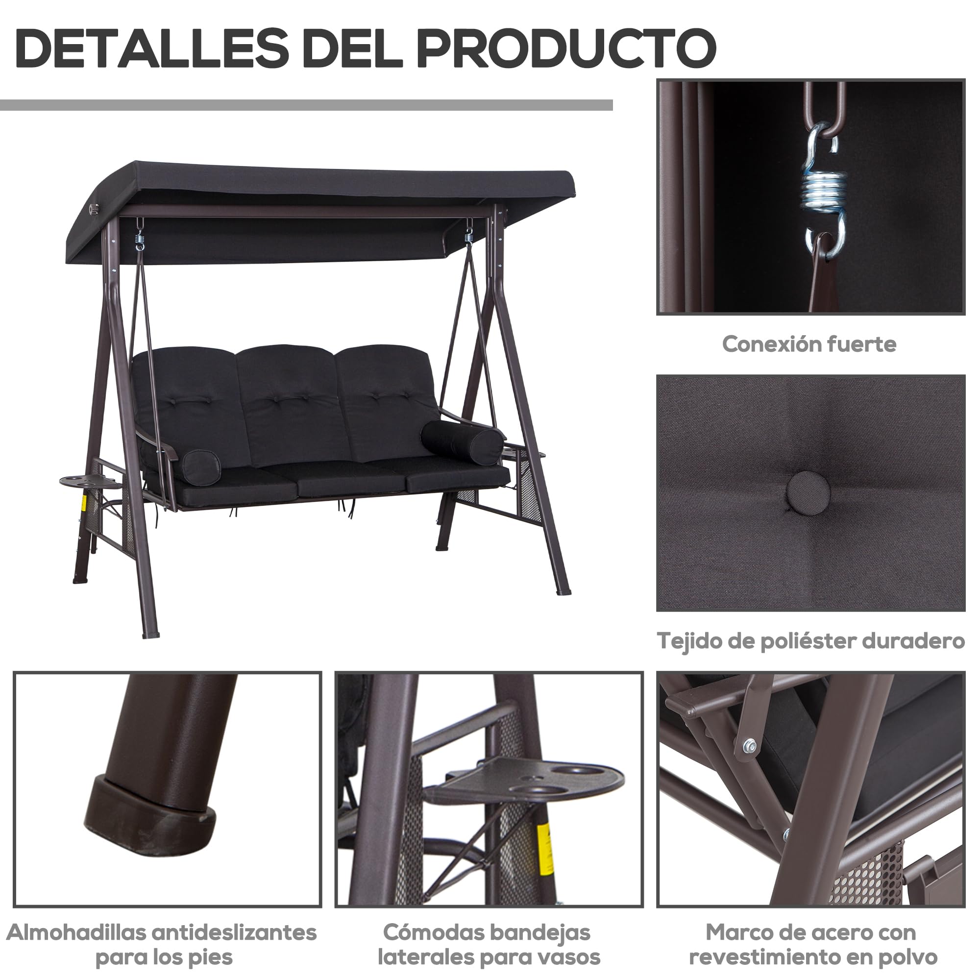 Outsunny Balancín de Jardín Exterior de 3 Plazas Columpio de Jardín Exterior con Toldo Curvo 2 Bandejas Laterales y 2 Almohadas de Brazo para Balcón Terraza Patio Carga 360 kg 206x116x183 cm Negro