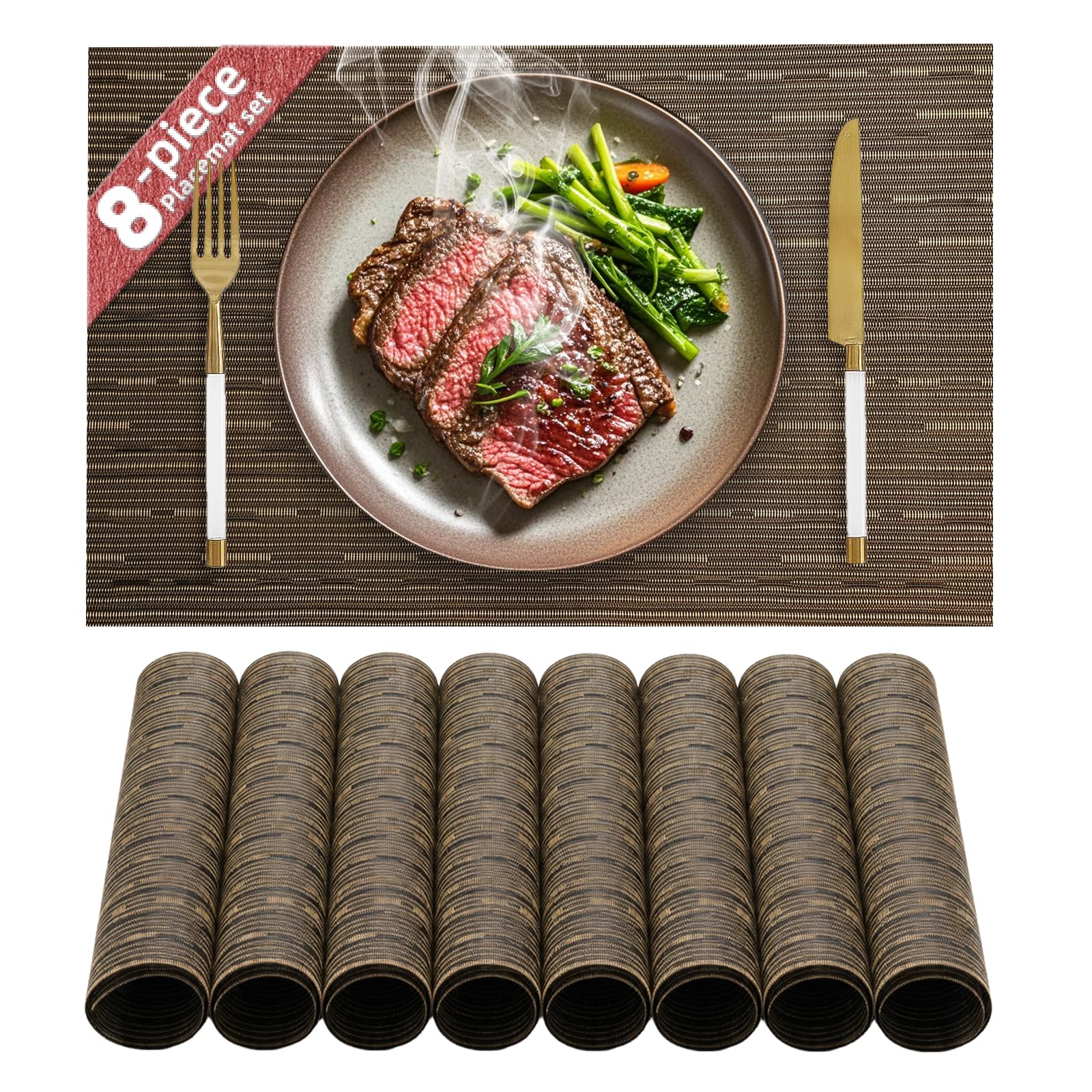 HELI MIAO Table Mats Set of 8, PVC Place Mats Washable Non-Slip & Heat Resistant, Wipe-Clean Woven Placemats for Kitchen Dining Table Hotel, 17"X12" – Black + Gold — image 1