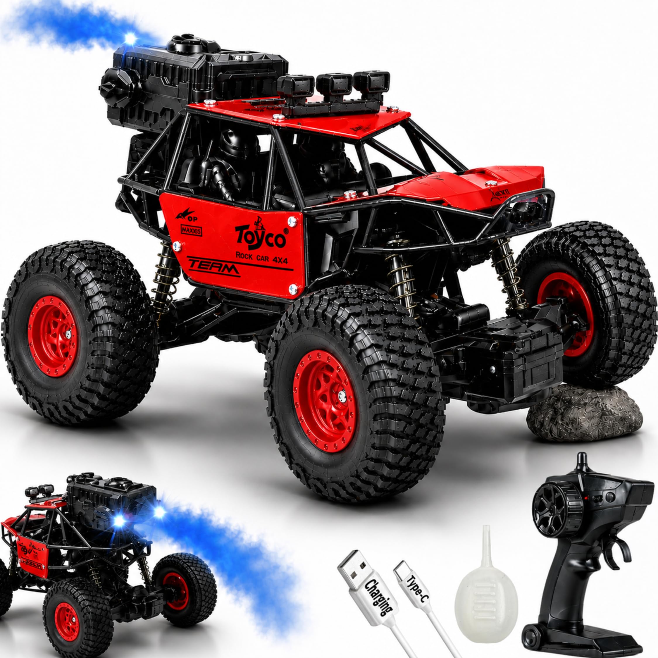 toyco® 1:18 Alloy Rock Crawler - Rechargeable RC Car with Water Spray System, LED Smoke Effect & Anti-Slip Tires | Off-Road Toy Truck/Car Gift for Boys Age 4+, (Red)-image-25