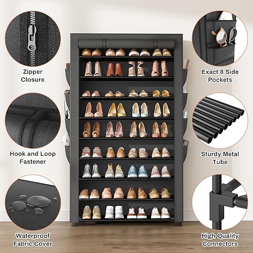 Miniatura 5 de Zapatero con tapa, organizador de zapatos de 10 niveles para 40-50 pares de zapatos deportivos y botas, gran capacidad, con 8 bolsillos, zapatero