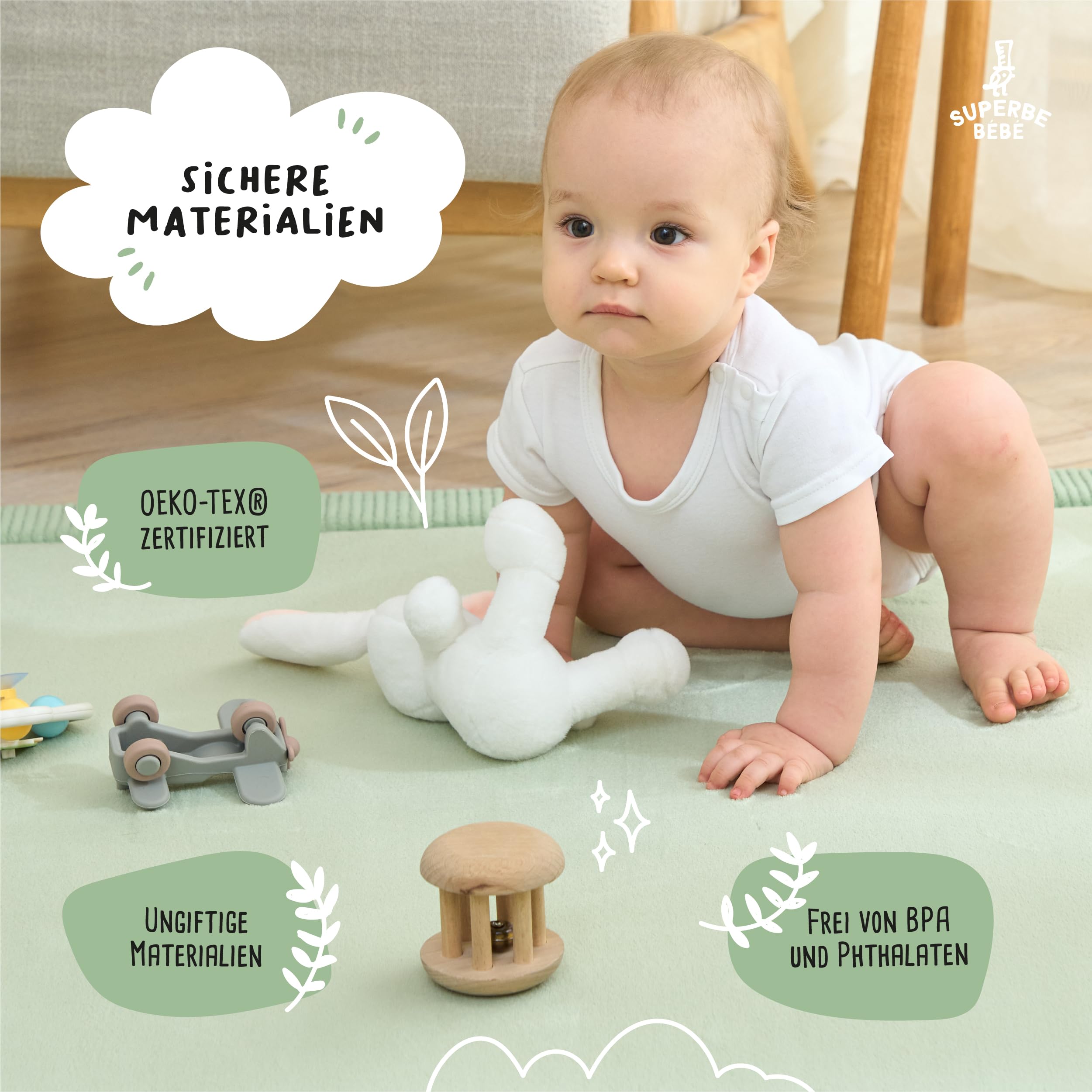 SUPERBE BEBE – Baby Spiel- und Krabbelmatte 150 × 200 × 2,5 cm – Dick und stoßdämpfend – Ungiftiger Memory-Schaum mit Oeko-Tex-Zertifizierung – Spielmatte für Baby- und Kinderzimmer – Elegantes Design